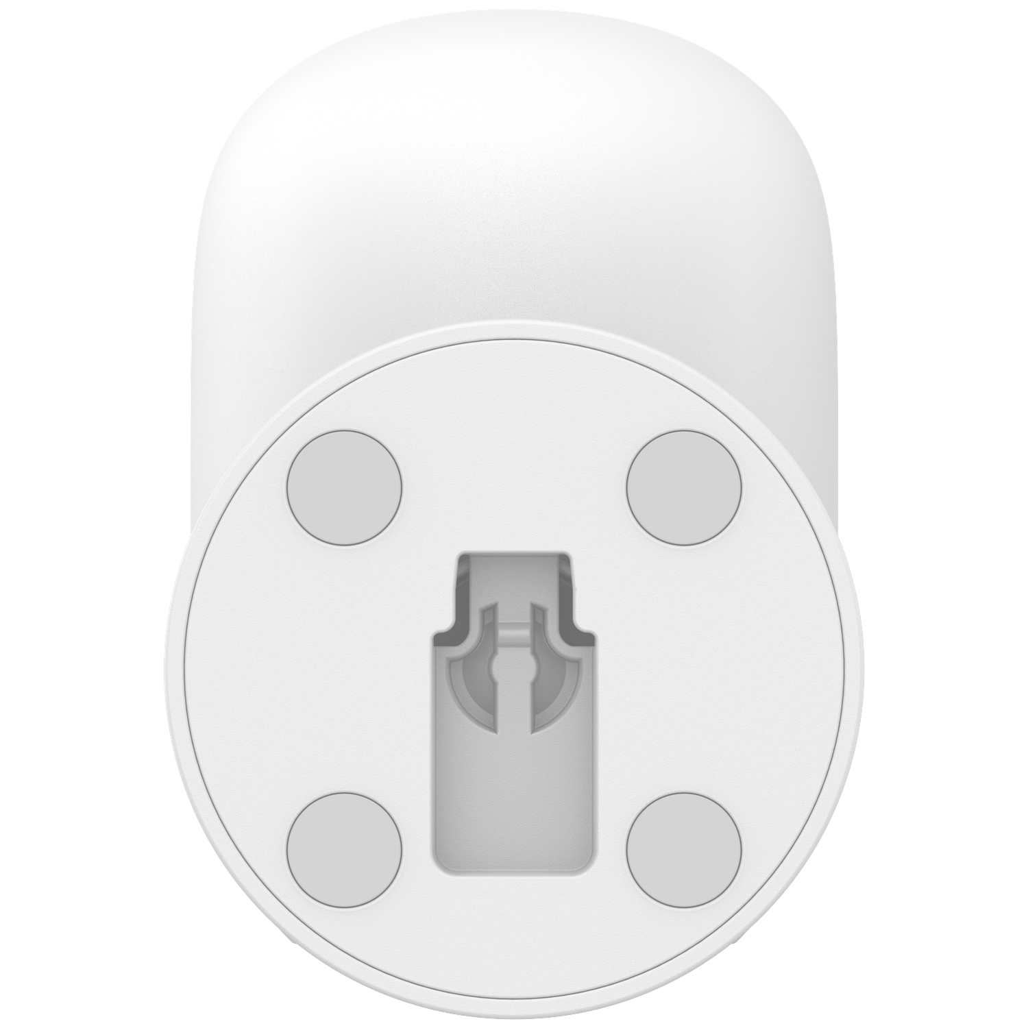 Een witte beveiligingscamera met een afgeronde bovenkant en een cirkelvormige basis. De basis heeft vier grijze pads en een sleutelgatvormige bevestiging.