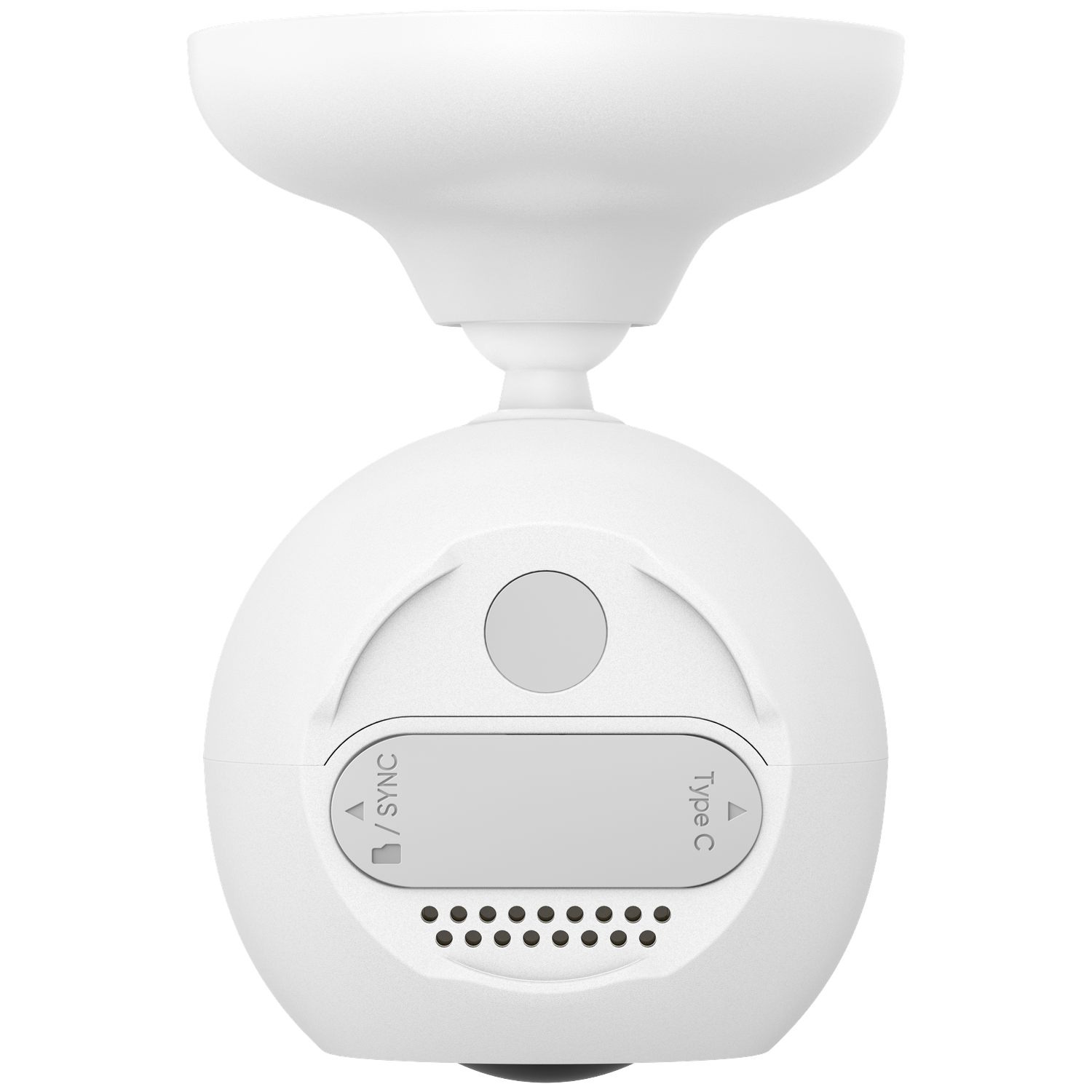 Een witte, afgeronde camera met een cirkelvormige basis, een kleine knop en een 'Type C' poort.