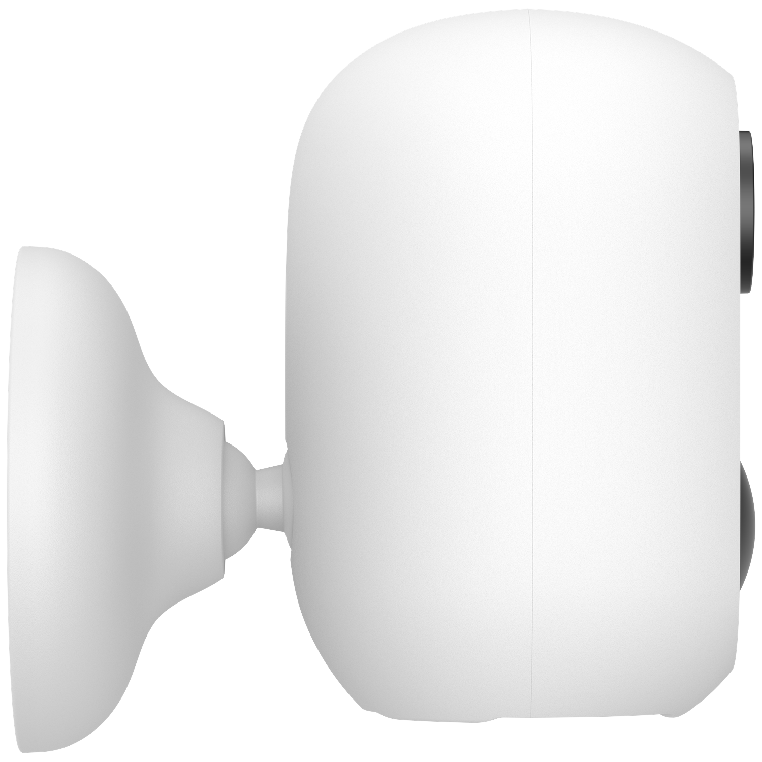 Een witte beveiligingscamera met een afgeronde rechthoekige behuizing en een cirkelvormige lens. Het is gemonteerd op een witte basis.