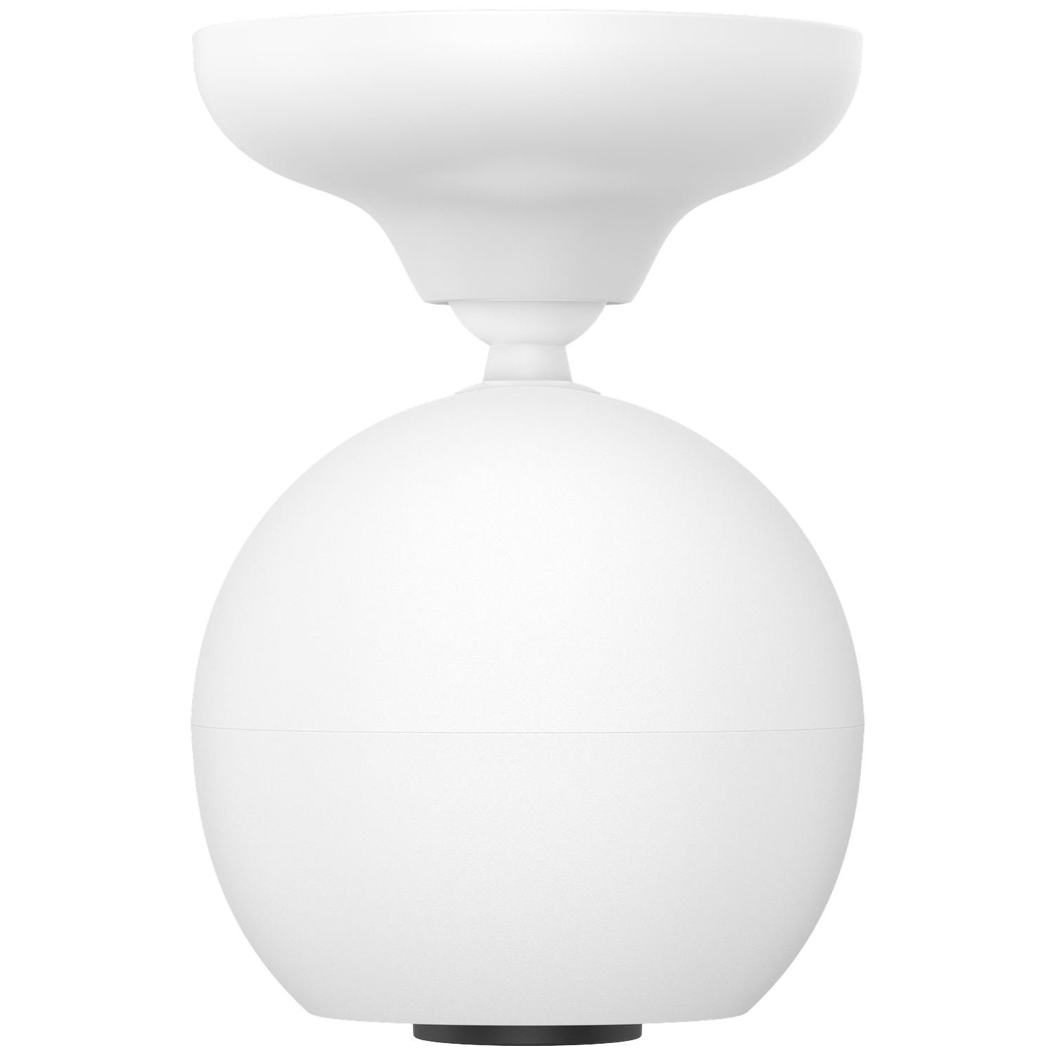 Een witte, bolvormige lamp tegen een witte achtergrond. Het heeft een ronde basis en een brede, platte bovenkant.