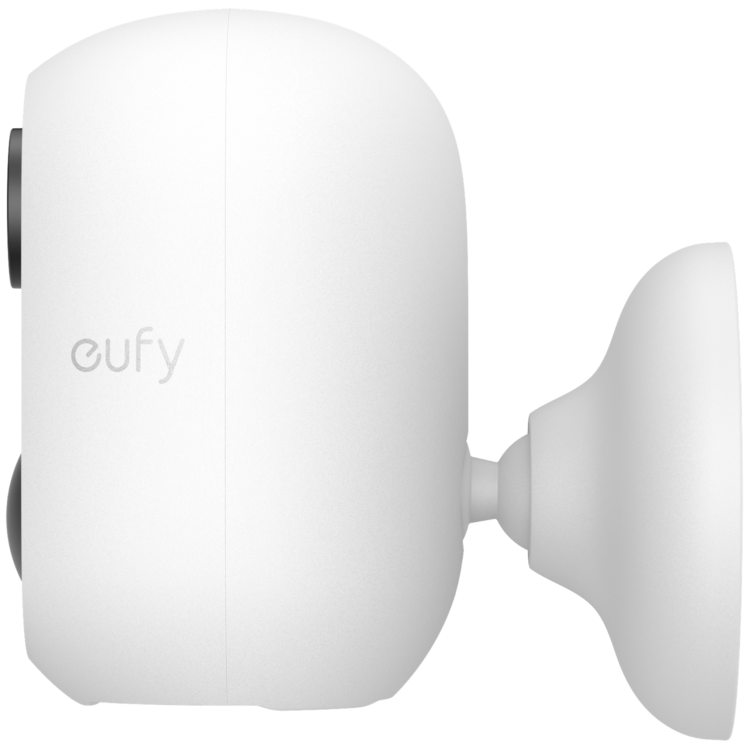 Een witte Eufy beveiligingscamera. Het heeft een afgeronde behuizing, een zwarte lens en is bevestigd op een witte muurbeugel.