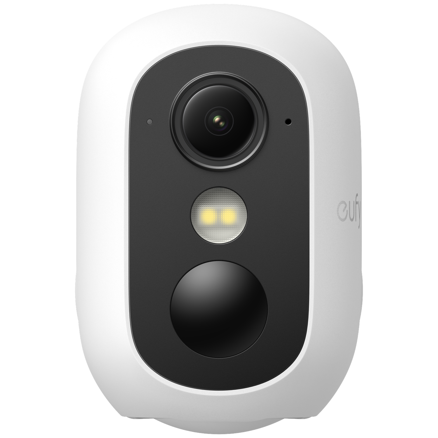 Een witte beveiligingscamera met een zwart voorpaneel. Het heeft een lens, een lampje en een knop. De merknaam 'eufy' is zichtbaar.