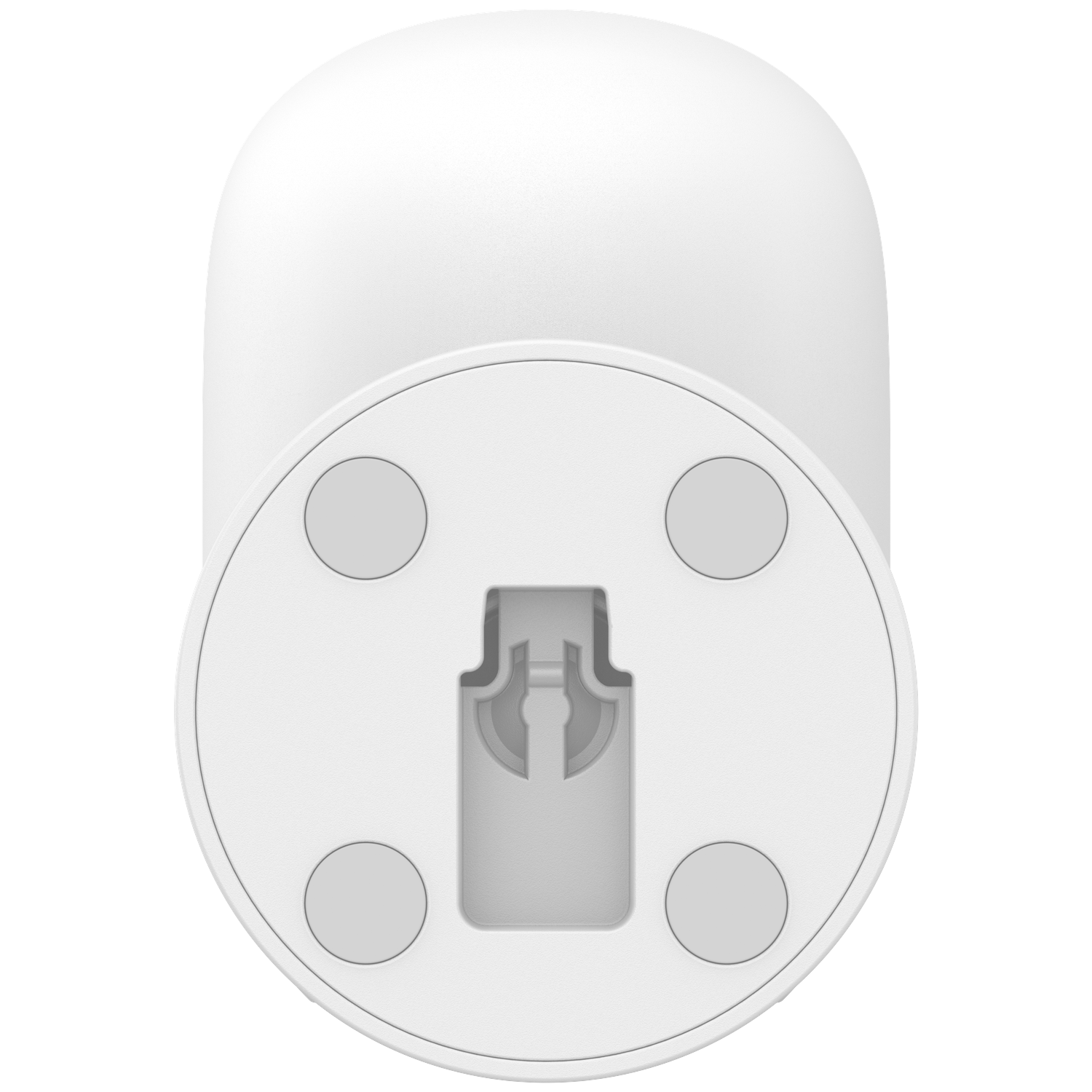 Een witte beveiligingscamera met een afgeronde bovenkant en een cirkelvormige basis. De basis heeft vier grijze pads en een sleutelgatvormige bevestiging.