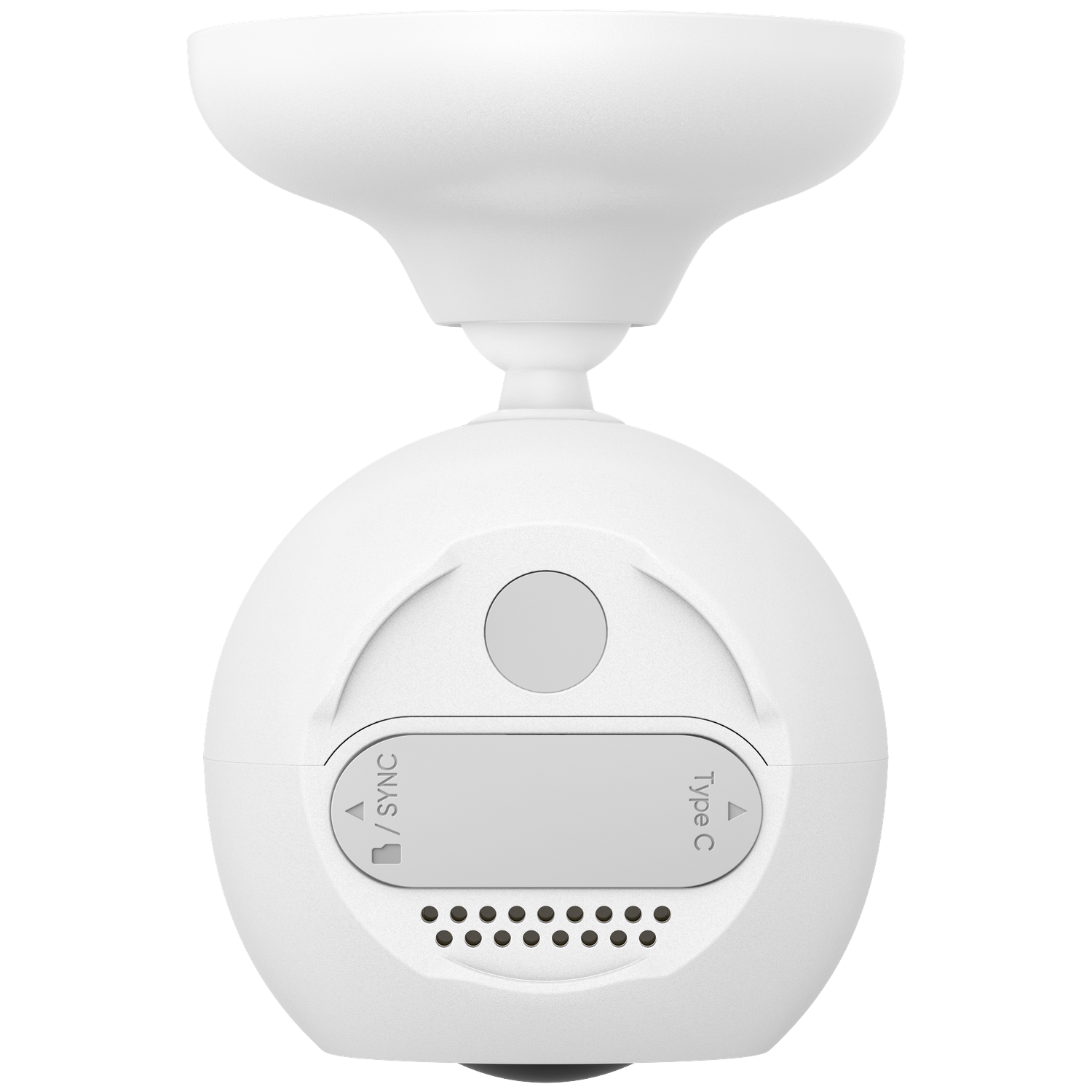 Een witte, afgeronde camera. Hij heeft een sync-knop en een Type C-poort. De camera is op een witte basis gemonteerd.