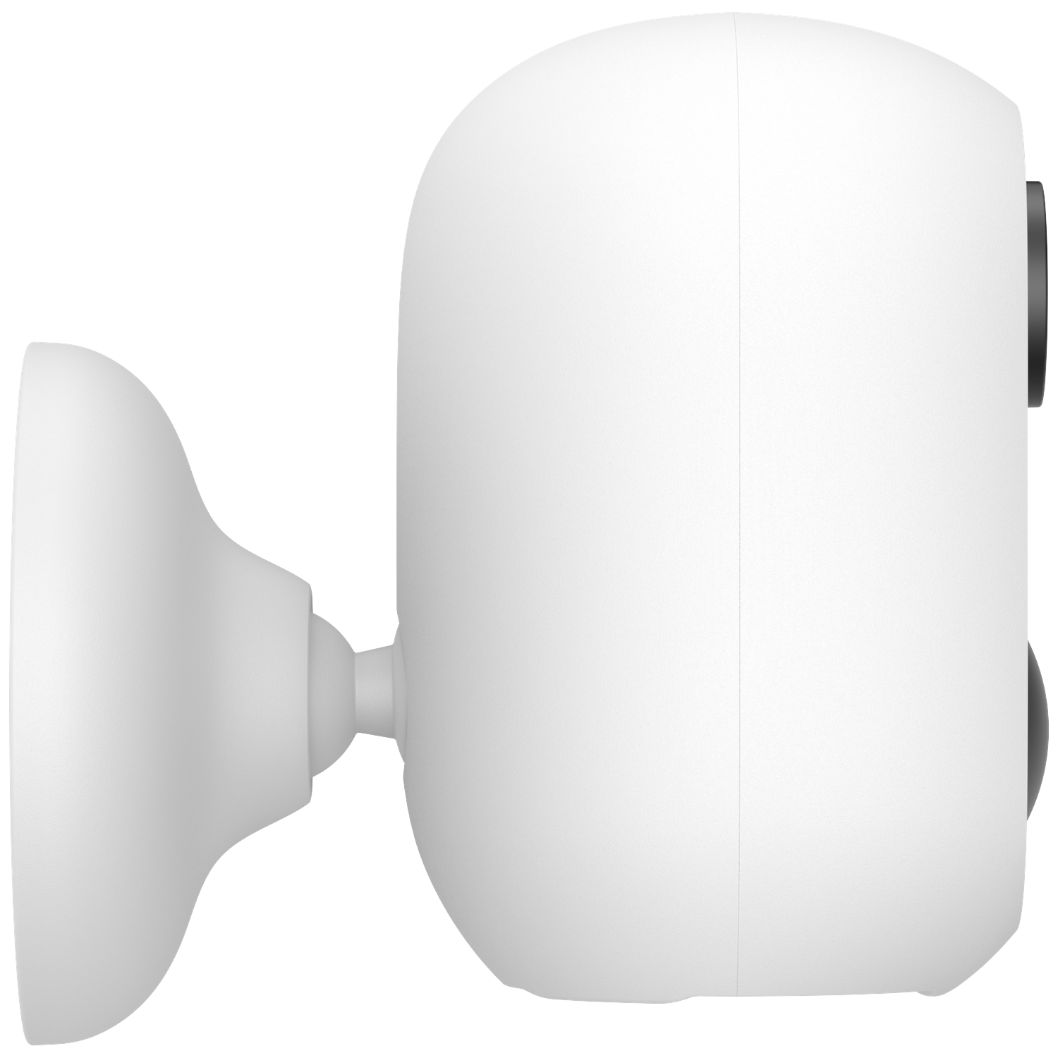 Een witte beveiligingscamera met een afgeronde behuizing en een montagebeugel. De camera heeft twee zwarte ronde lenzen.