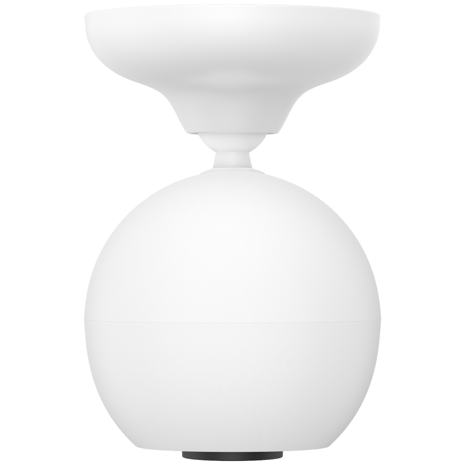 Een witte, bolvormige lamp met een zwarte basis en een montagecomponent aan de bovenkant, geïsoleerd op een witte achtergrond.