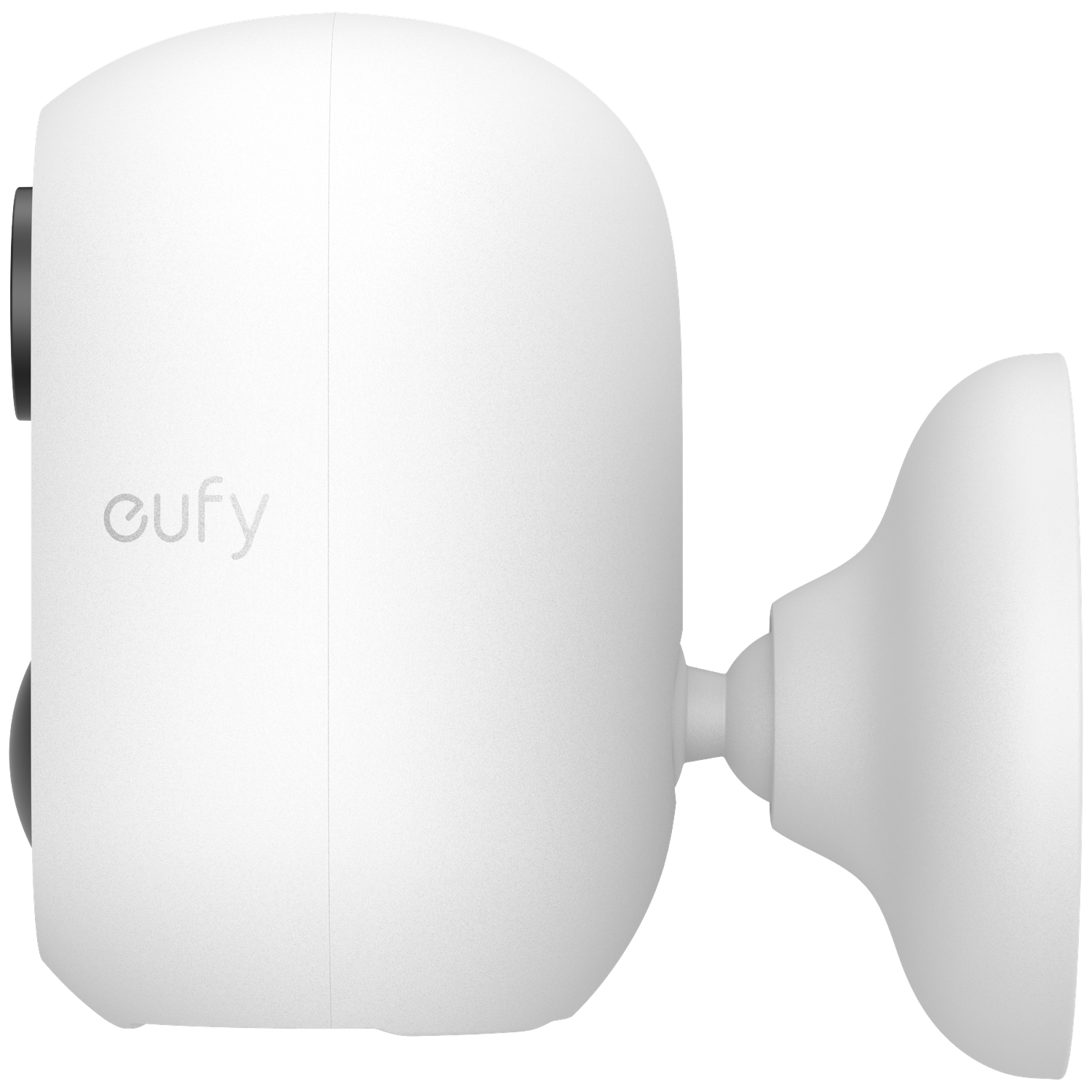 Een witte beveiligingscamera met montagebeugel. De camera heeft een afgeronde rechthoekige vorm met het 'eufy' logo.