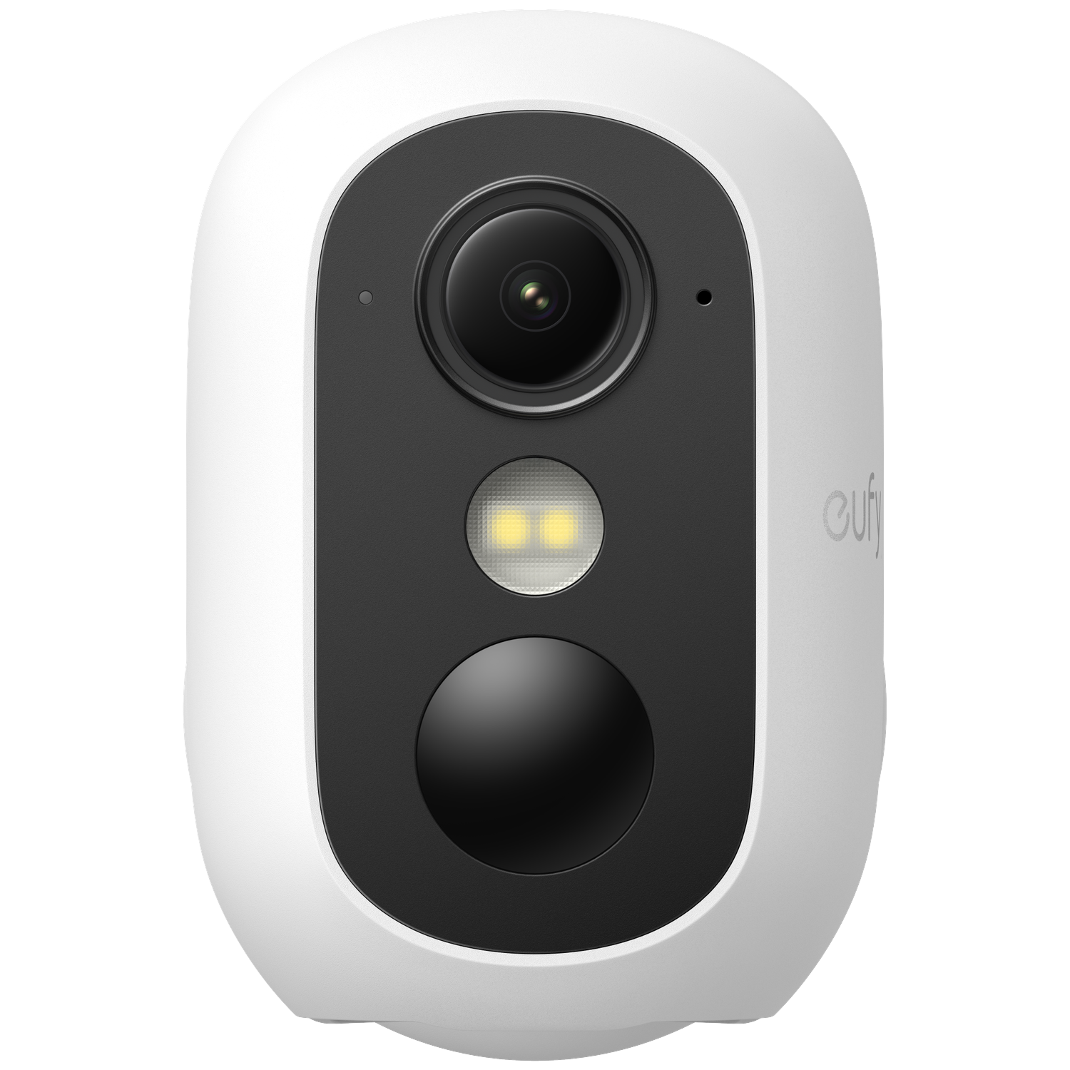 Een witte beveiligingscamera met een zwart voorpaneel. Het heeft een lens, een lamp en een knop. De merknaam 'eufy' is zichtbaar.