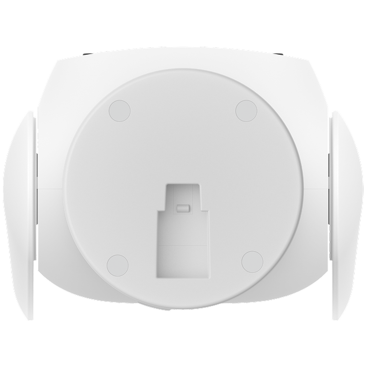Overhead view of a white device with a central circular area, two side panels, and several small circular indentations. 