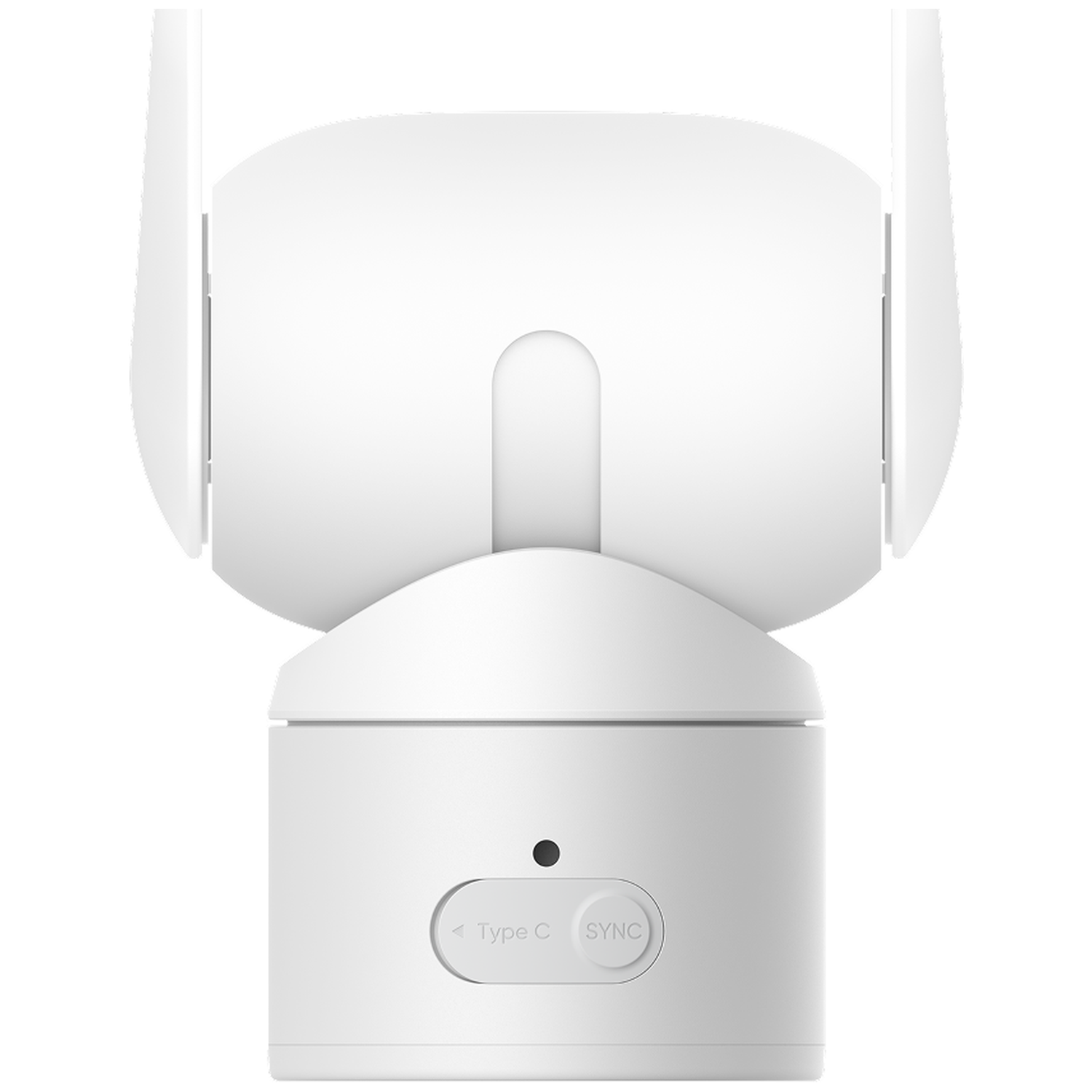 Un appareil blanc avec deux antennes. Il possède un port Type C et un bouton de synchronisation. L'appareil est sur fond blanc.