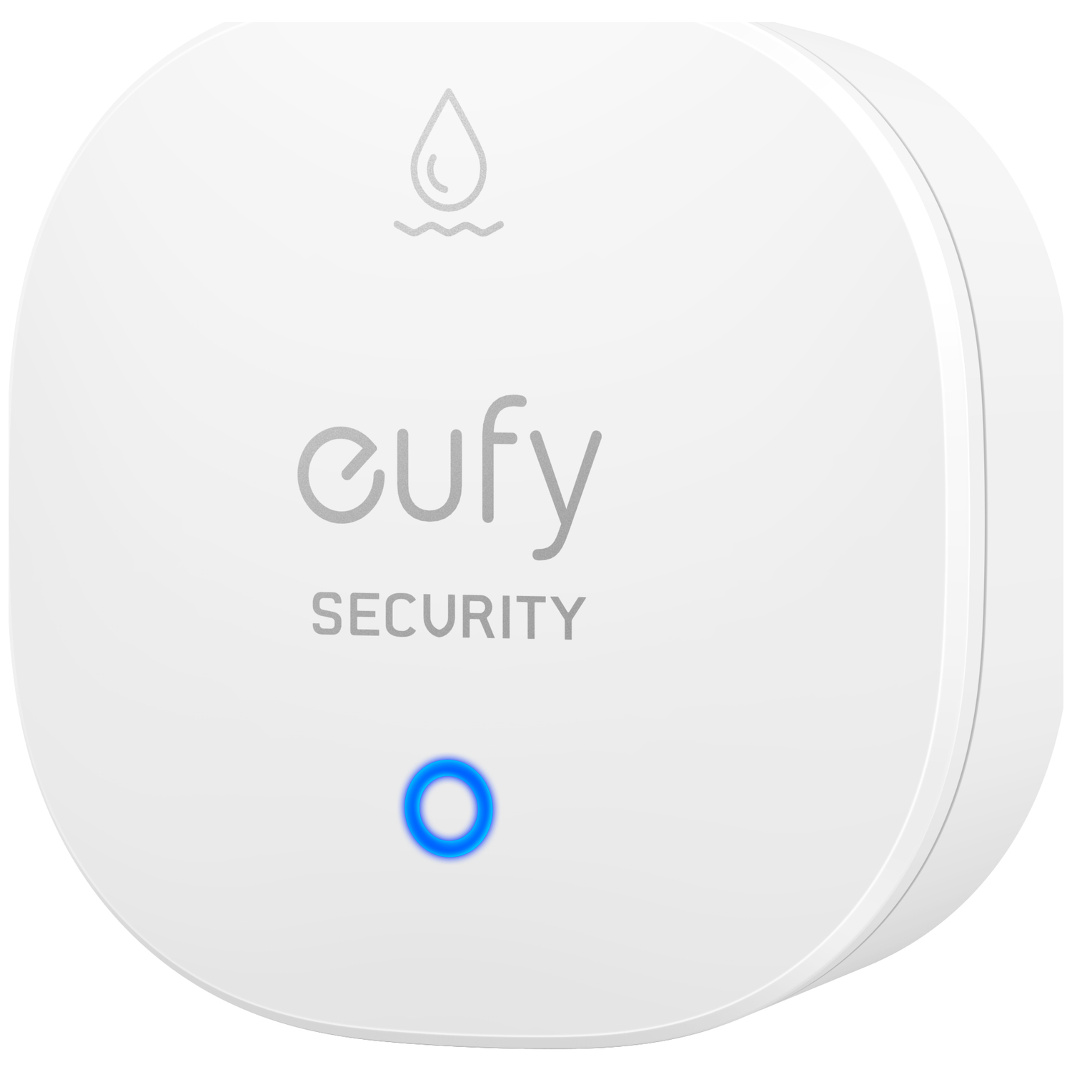 Wit eufy beveiligingsapparaat. Een waterdruppelpictogram bovenaan. Het logo in het midden en een blauwe ring onderaan.