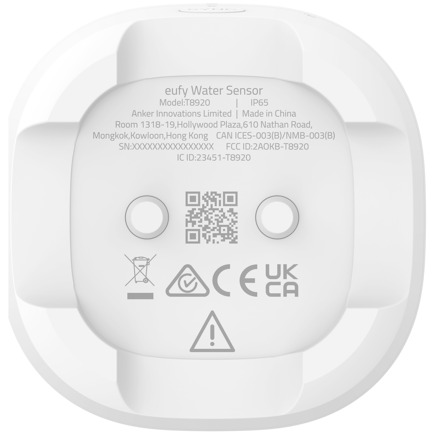 Witte eufy watersensor met tekst, symbolen en QR-code. Bevat modelinfo, bedrijfsgegevens en veiligheidssymbolen.
