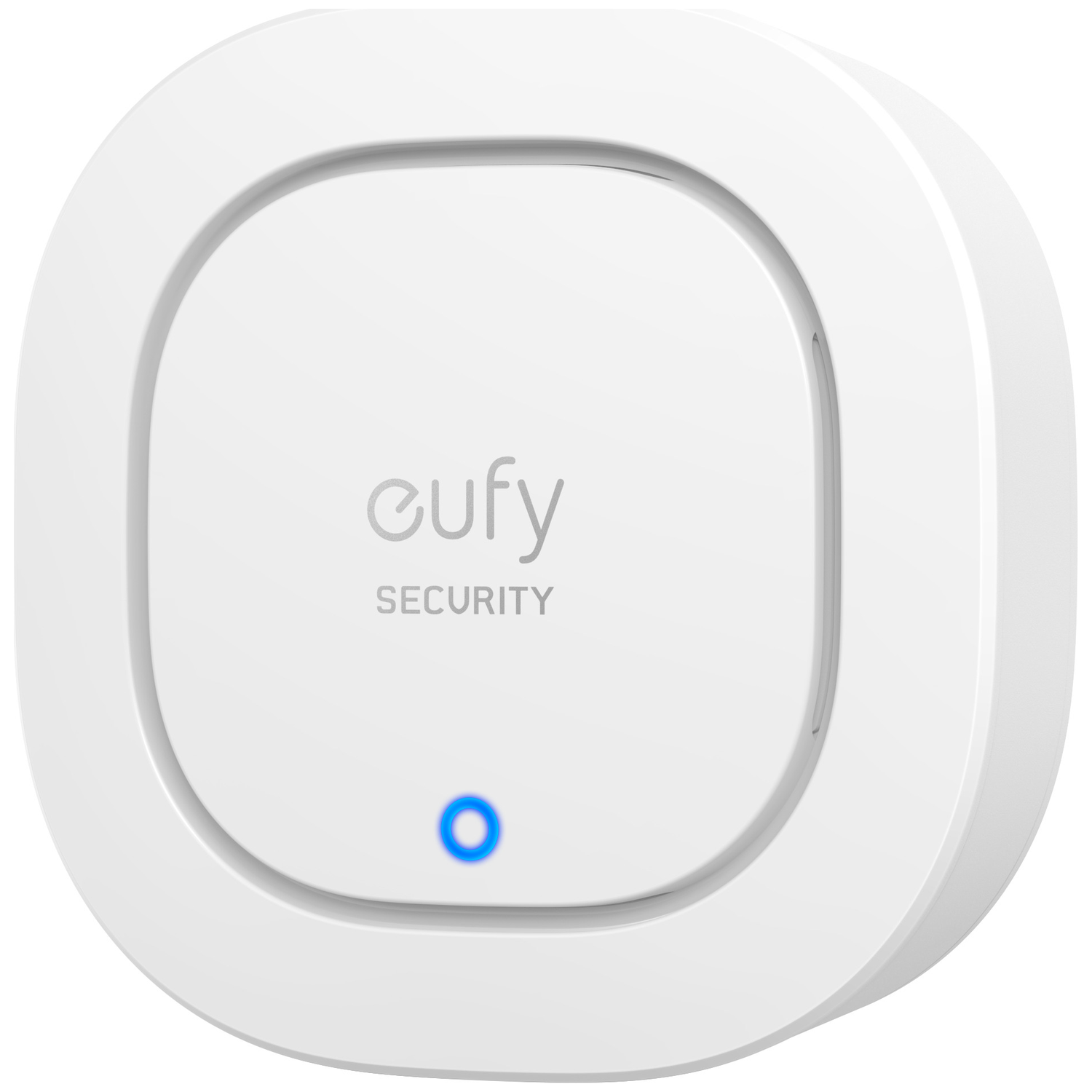 Witte eufy beveiligingsapparaat. Het heeft een blauw lampje aan de onderkant. De merknaam en het woord 'SECURITY' zijn zichtbaar.