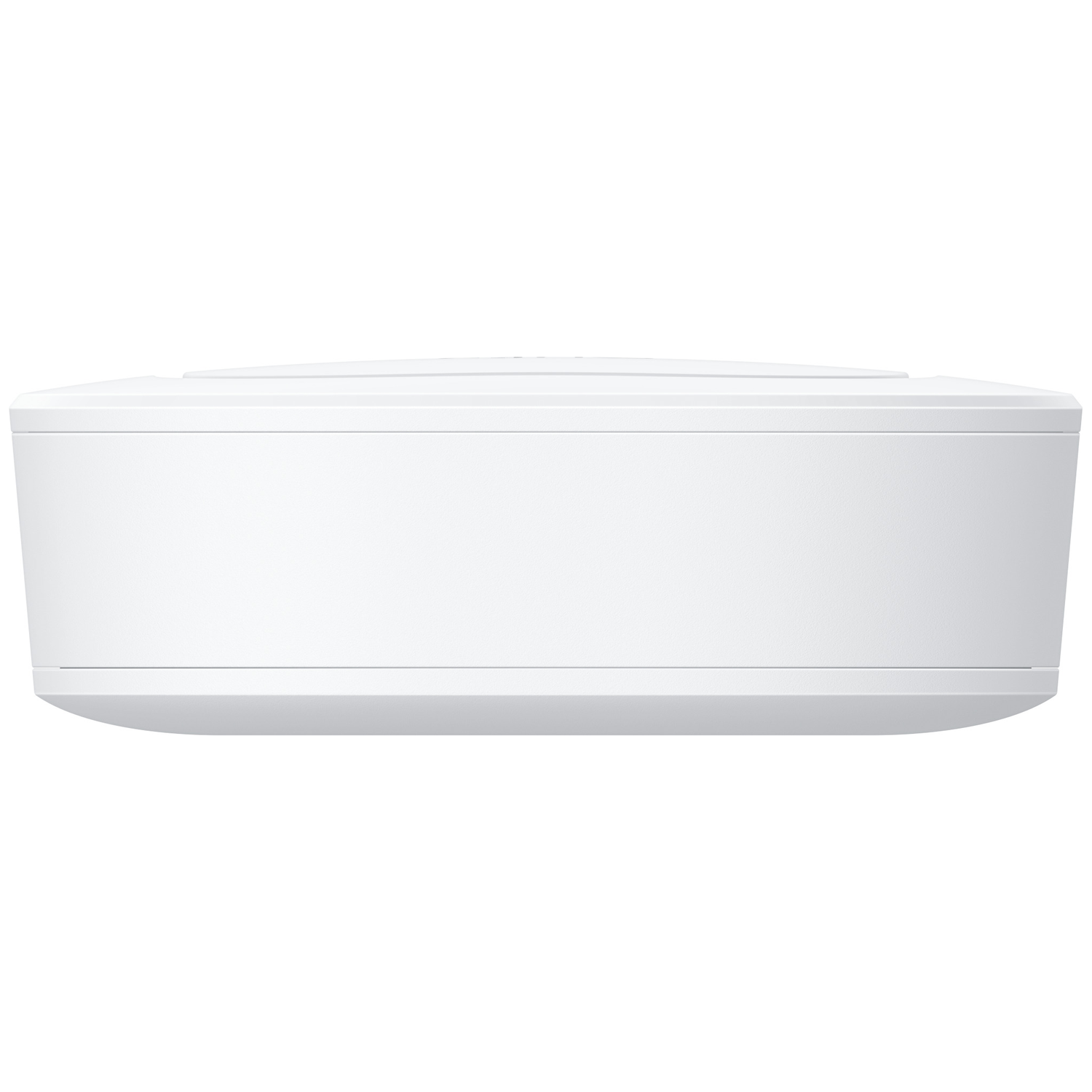 Een witte, rechthoekige elektronische apparaat. Het heeft een licht gebogen boven- en onderkant. De achtergrond is puur wit.