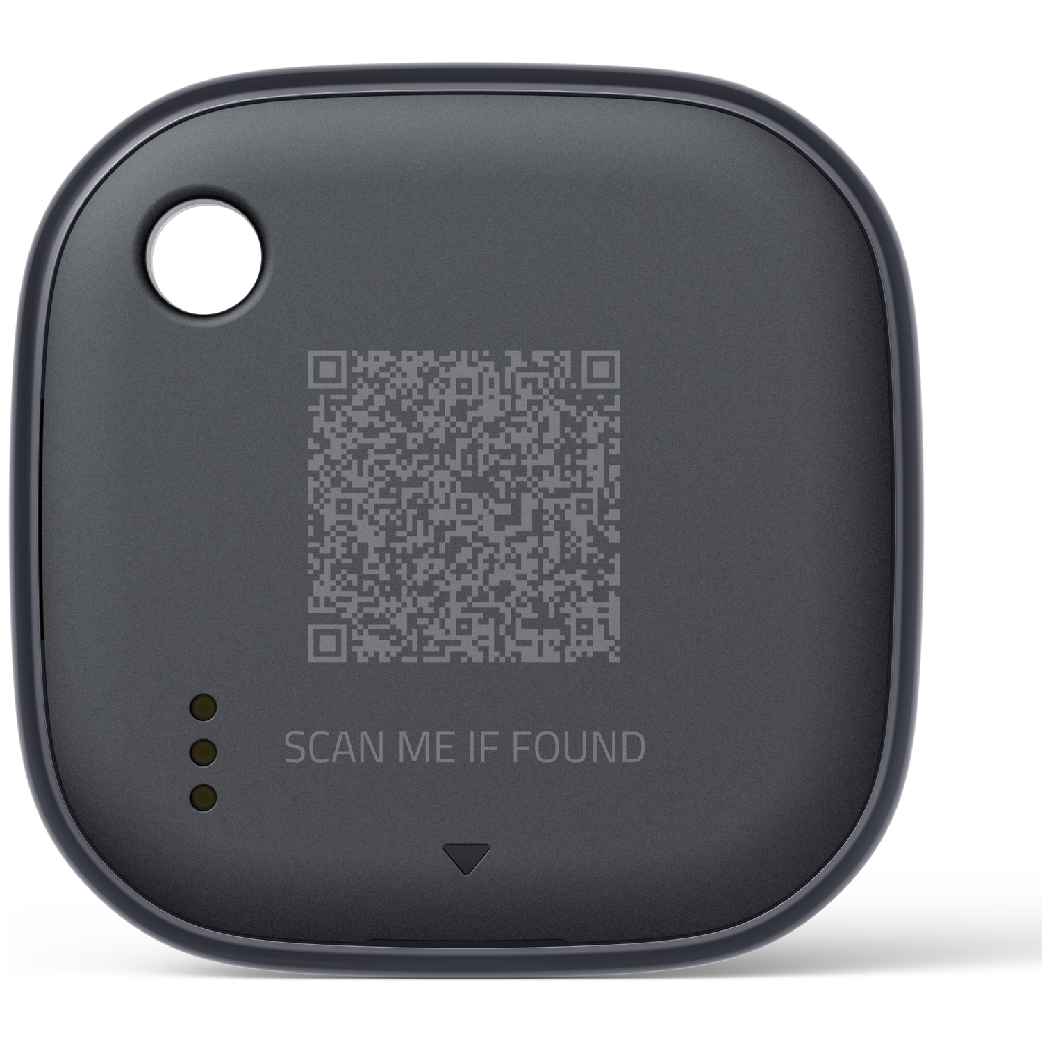 A dark gray tracker with a QR code and three small lights. It has a hole for a keyring. Text reads: SCAN ME IF FOUND.