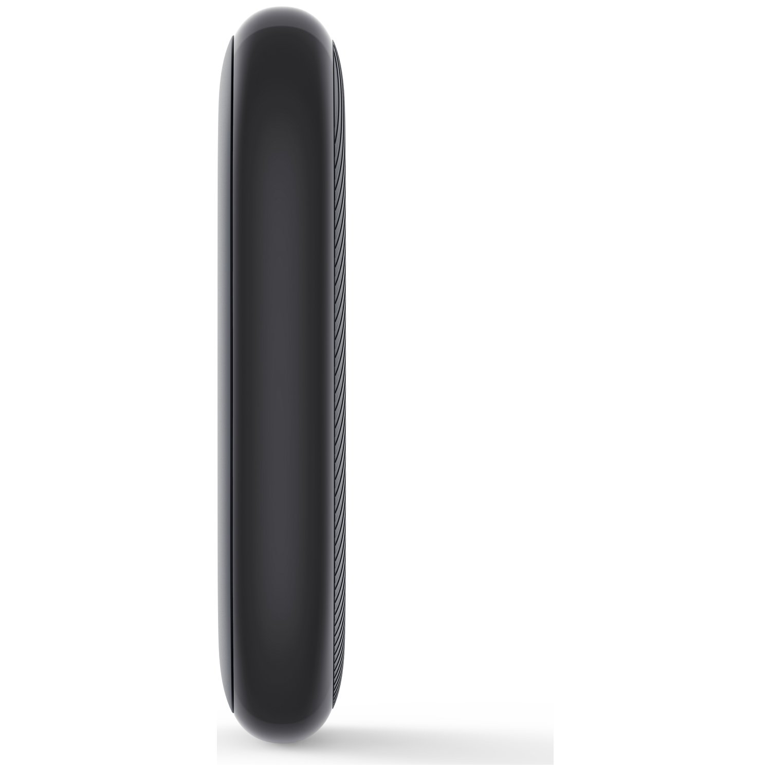 A black, rounded rectangular device is vertically positioned against a white background. The right side has a textured pattern.