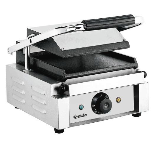 Ein offener Edelstahl-Panini-Grill. Er hat einen schwarzen Griff und ein Drehrad. Der Markenname 'Bartscher' ist sichtbar.
