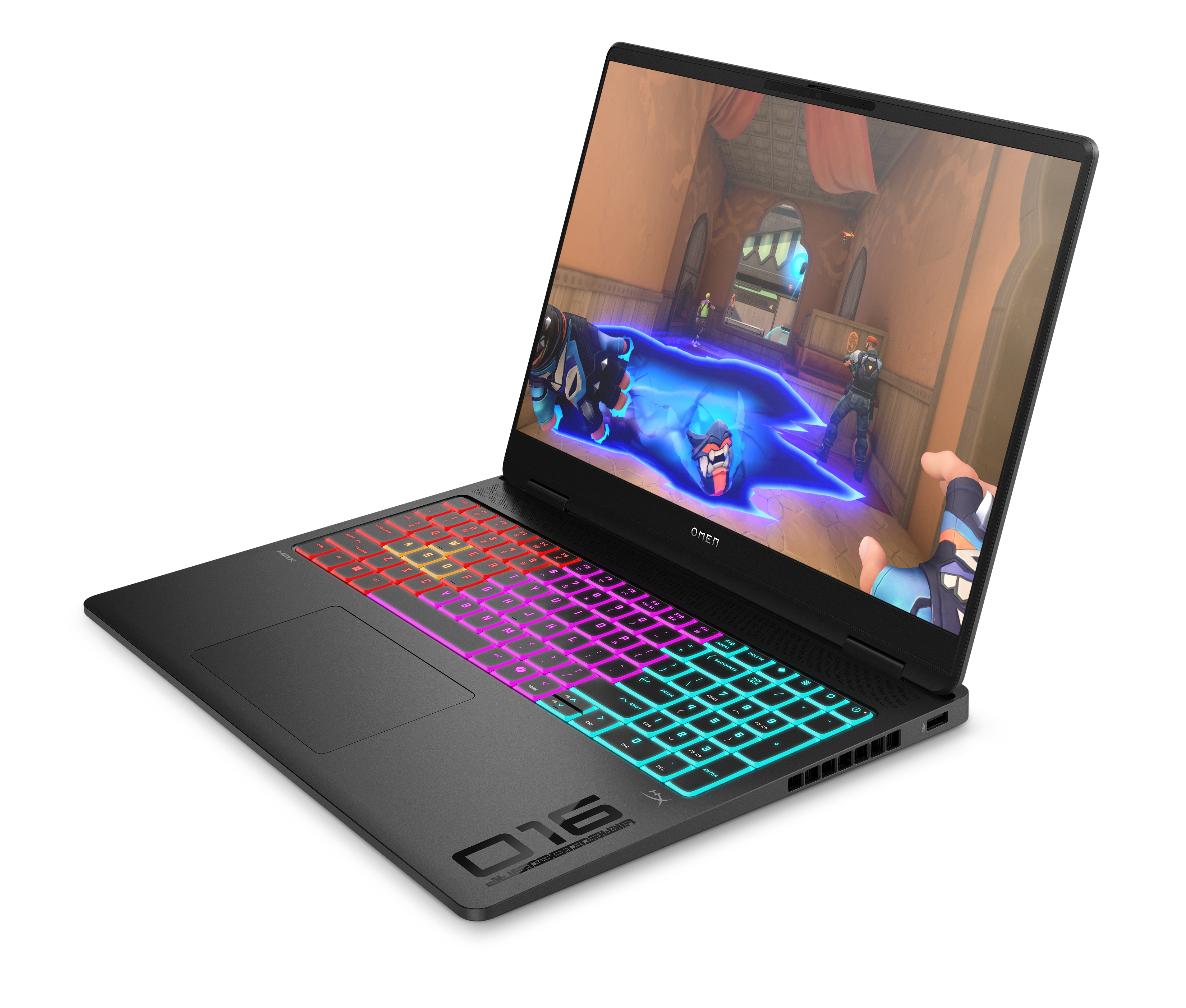 Black gaming laptop with colorful backlit keyboard. Screen displays a video game scene. OMEN logo visible.