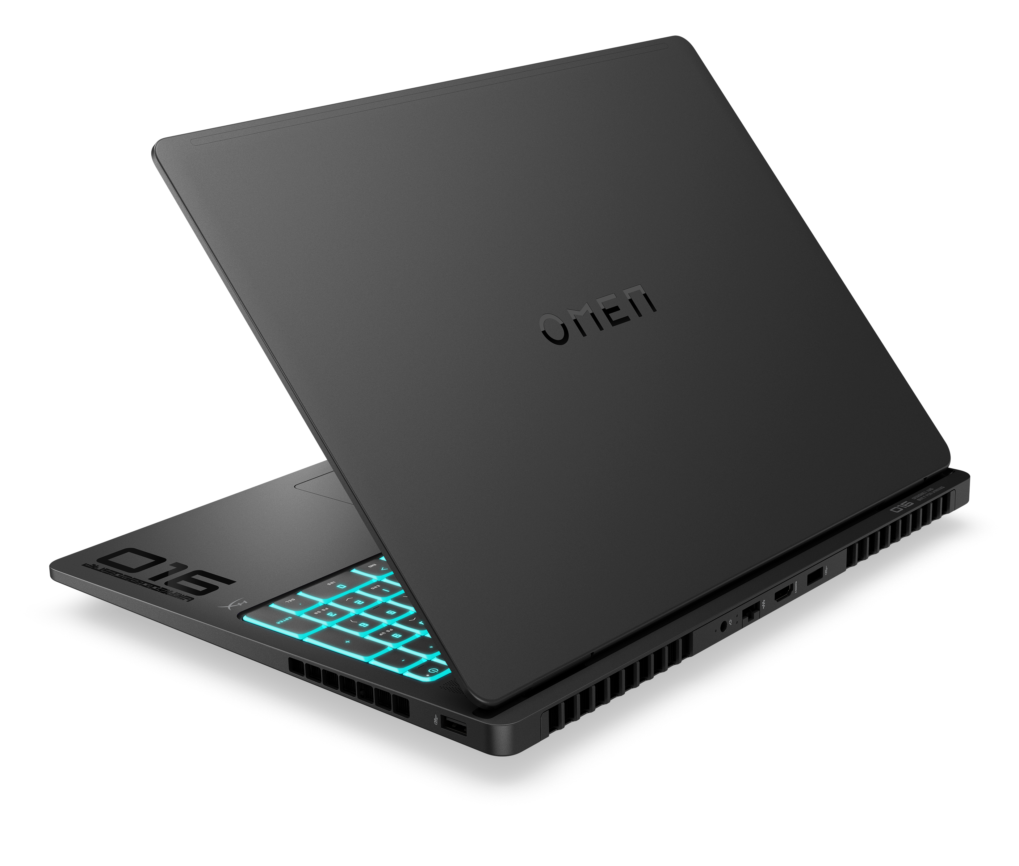 Black laptop, open, showing illuminated keyboard. 'OMEN' on the lid. '016' and other text are visible.