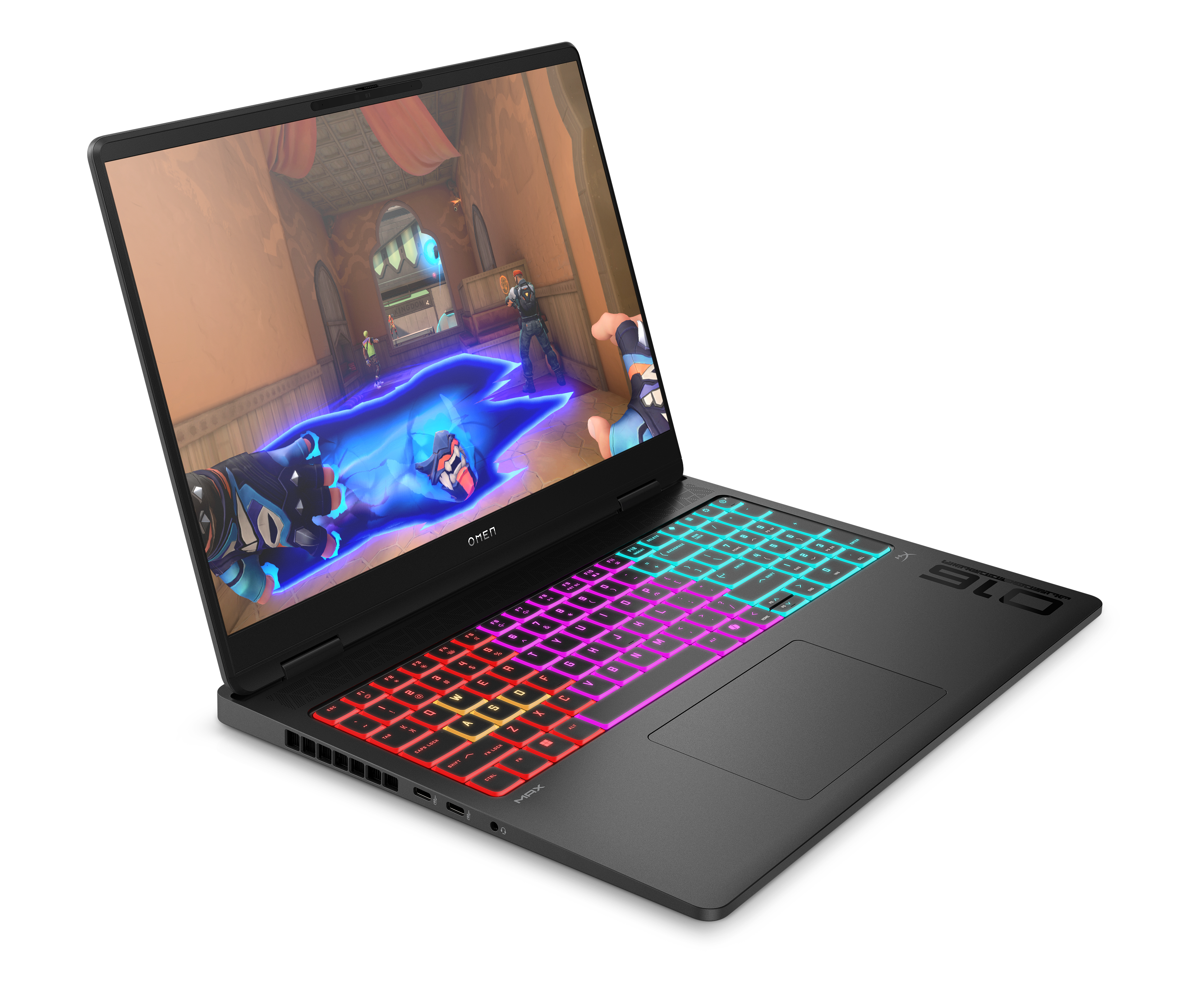 Black gaming laptop open, displaying a game. Keyboard is lit with colorful lights. Black background.