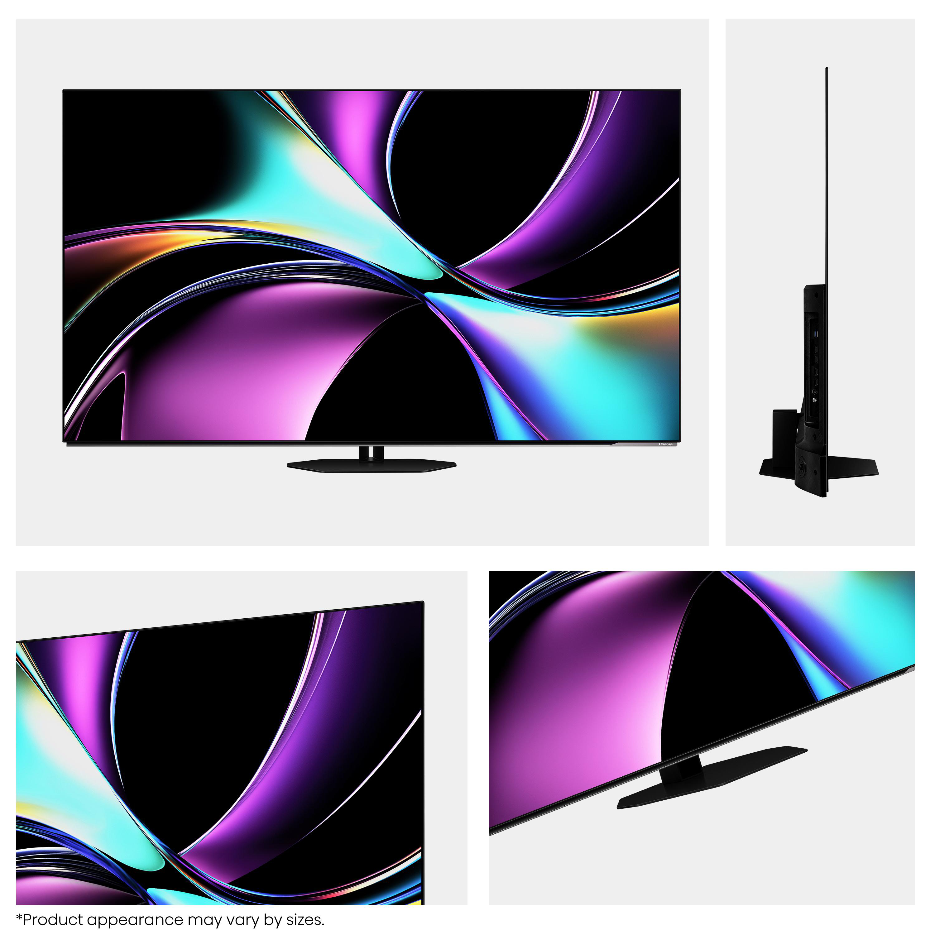 TV-Bildschirm mit farbenfrohem, abstraktem Design. Außerdem Profilansicht und Nahaufnahmen, alles auf weißem Grund.
