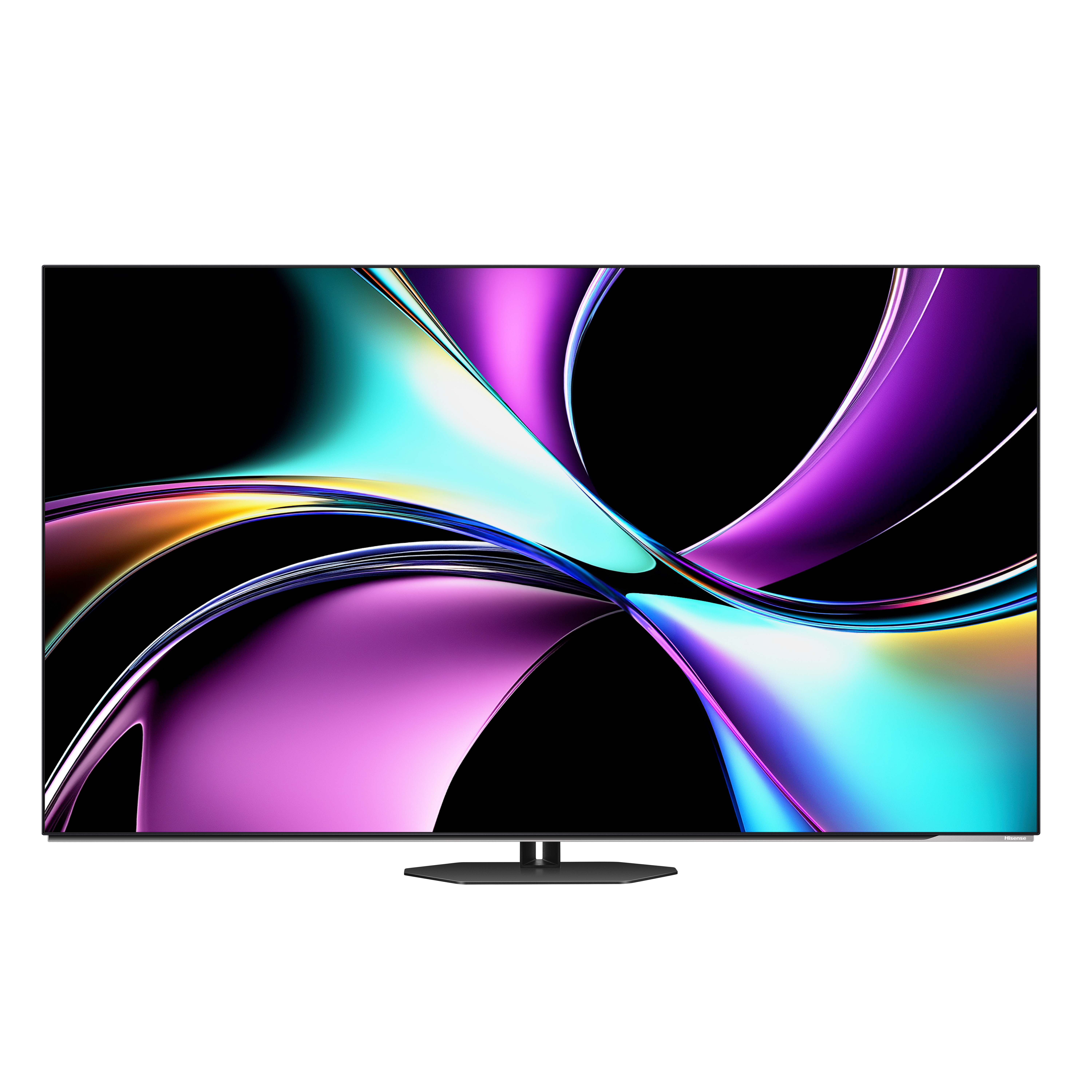 Ein Hisense-Fernseher zeigt farbenfrohe abstrakte Formen in Lila, Blau und Gelb vor schwarzem Hintergrund.