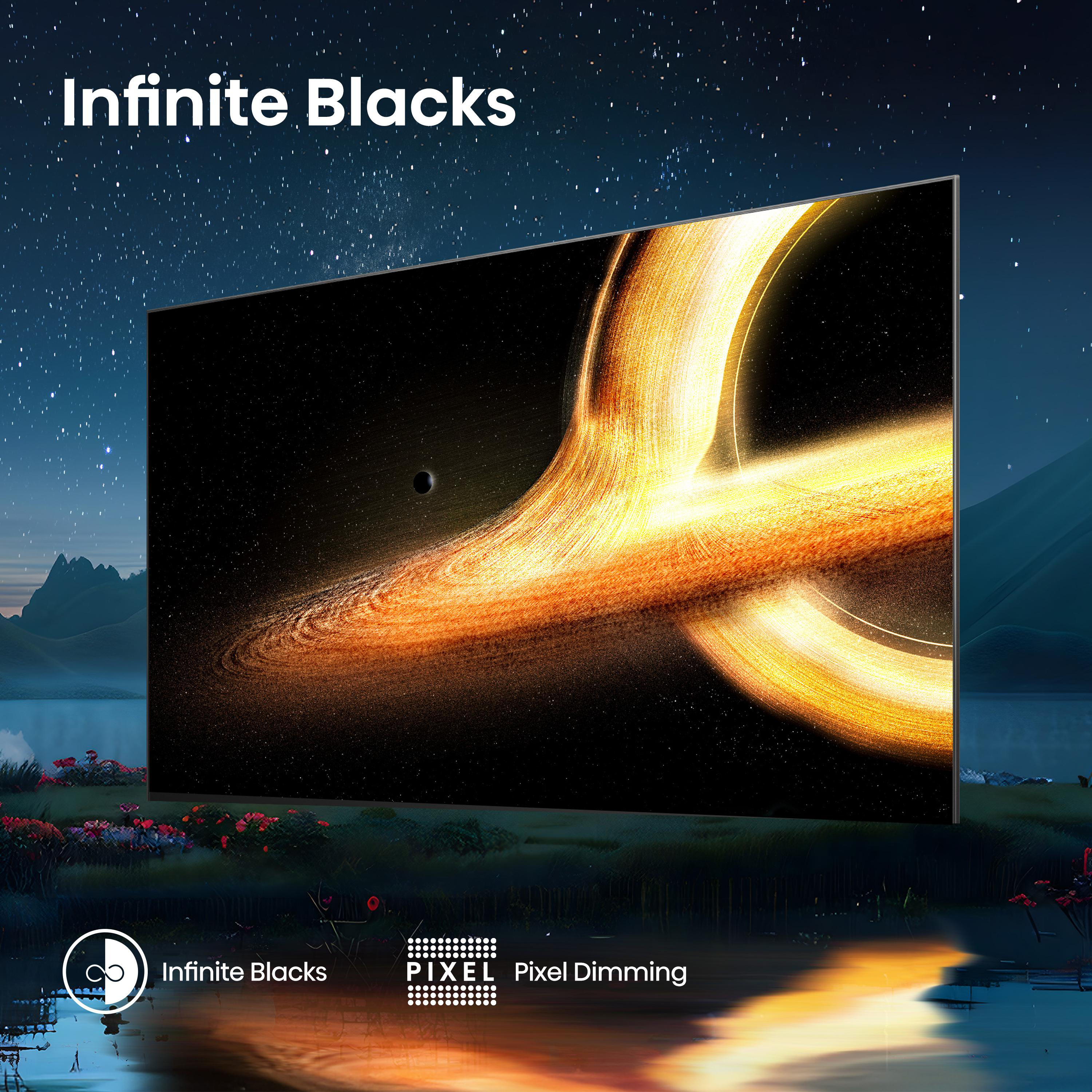 Der Fernsehbildschirm zeigt eine Galaxie. Text 'Infinite Blacks' und 'Pixel Dimming' darunter. Szene beinhaltet See und Berge.