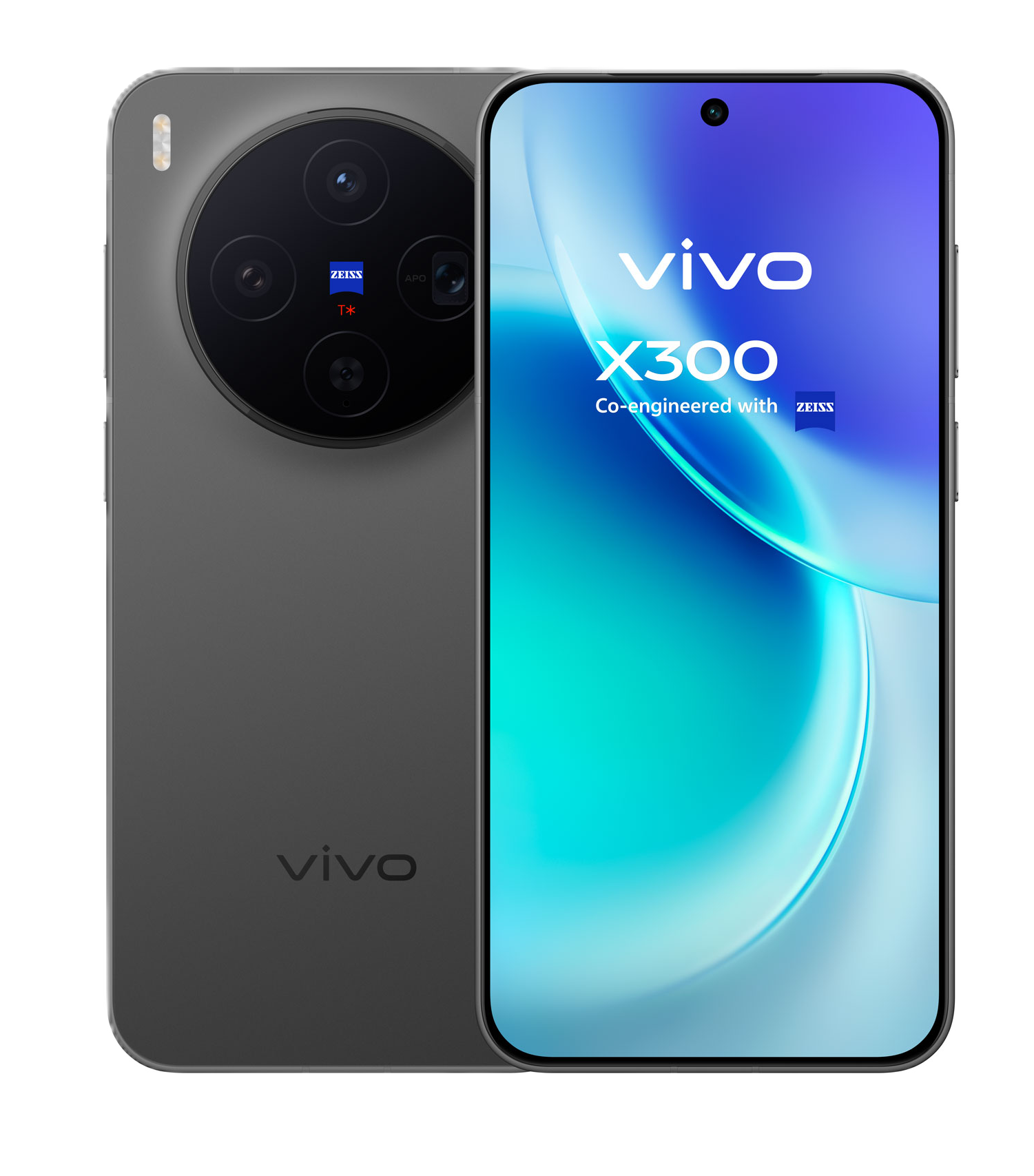 Das Vivo X300-Handy wird angezeigt. Es hat ein großes Kameramodul, einen gebogenen Bildschirm und die Logos Vivo und Zeiss sind sichtbar.