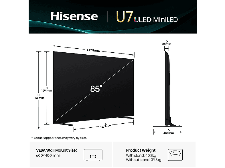 Thumbnail - HISENSE 85U7Q Mini LED TV (Flat, 85 Zoll / 215 cm, UHD 4K, SMART TV)