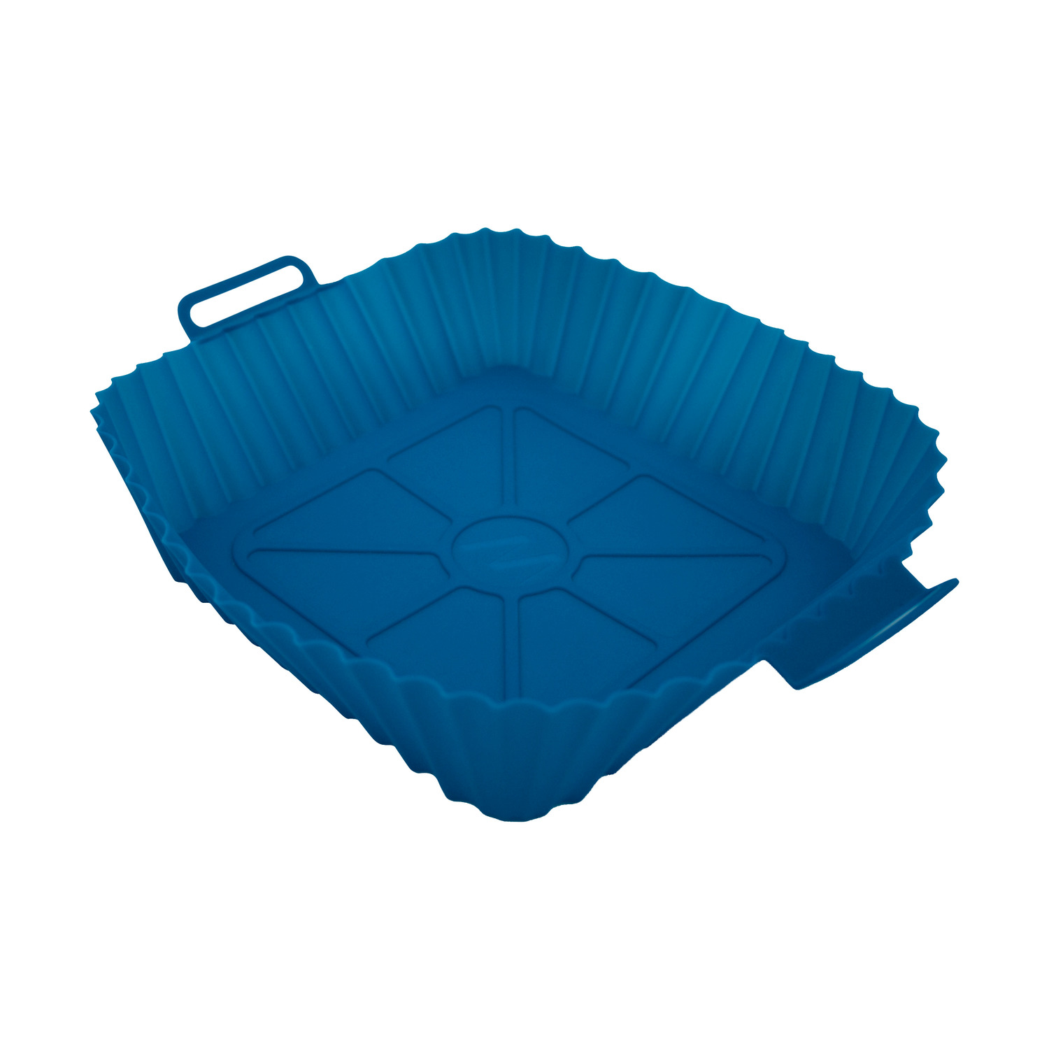 Un cestello blu in silicone per friggitrice ad aria con manico, lati scanalati e fondo piatto, su sfondo bianco.