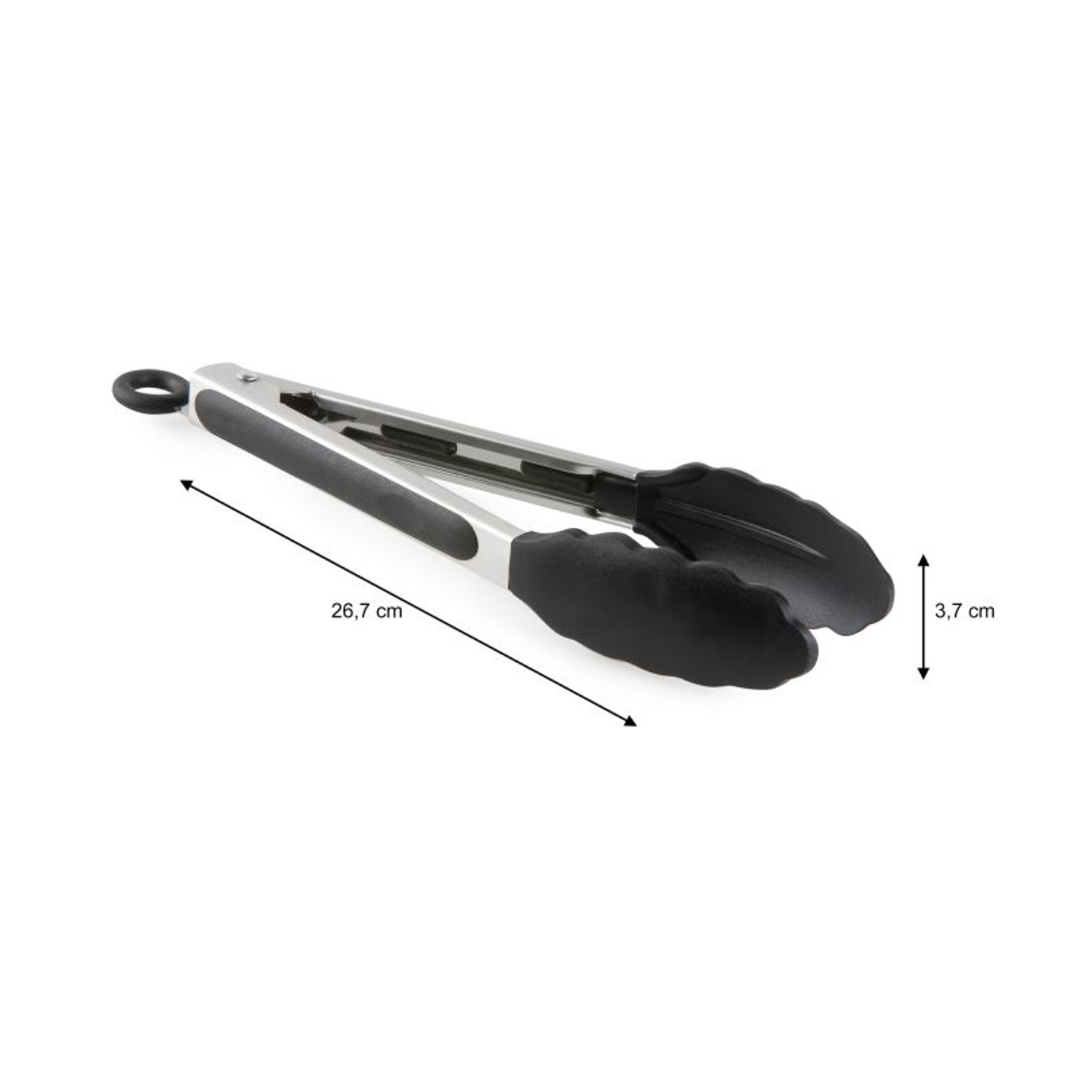 Pinze in acciaio inossidabile su sfondo bianco. Punte e manico in silicone nero. La lunghezza è di 26,7 cm e la larghezza di 3,7 cm.