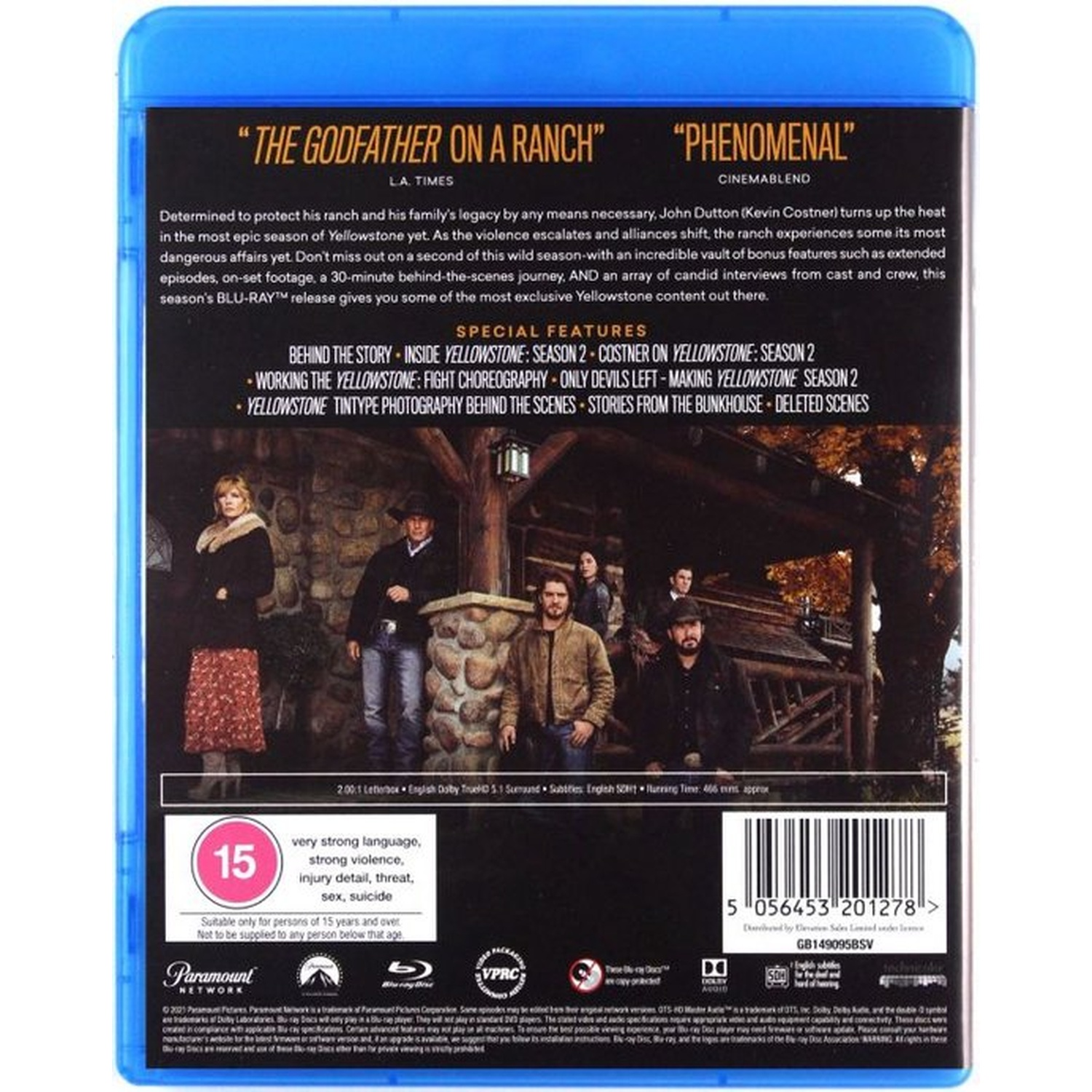 Blu-ray cover for Yellowstone season. Features actors, text about the show and special features.