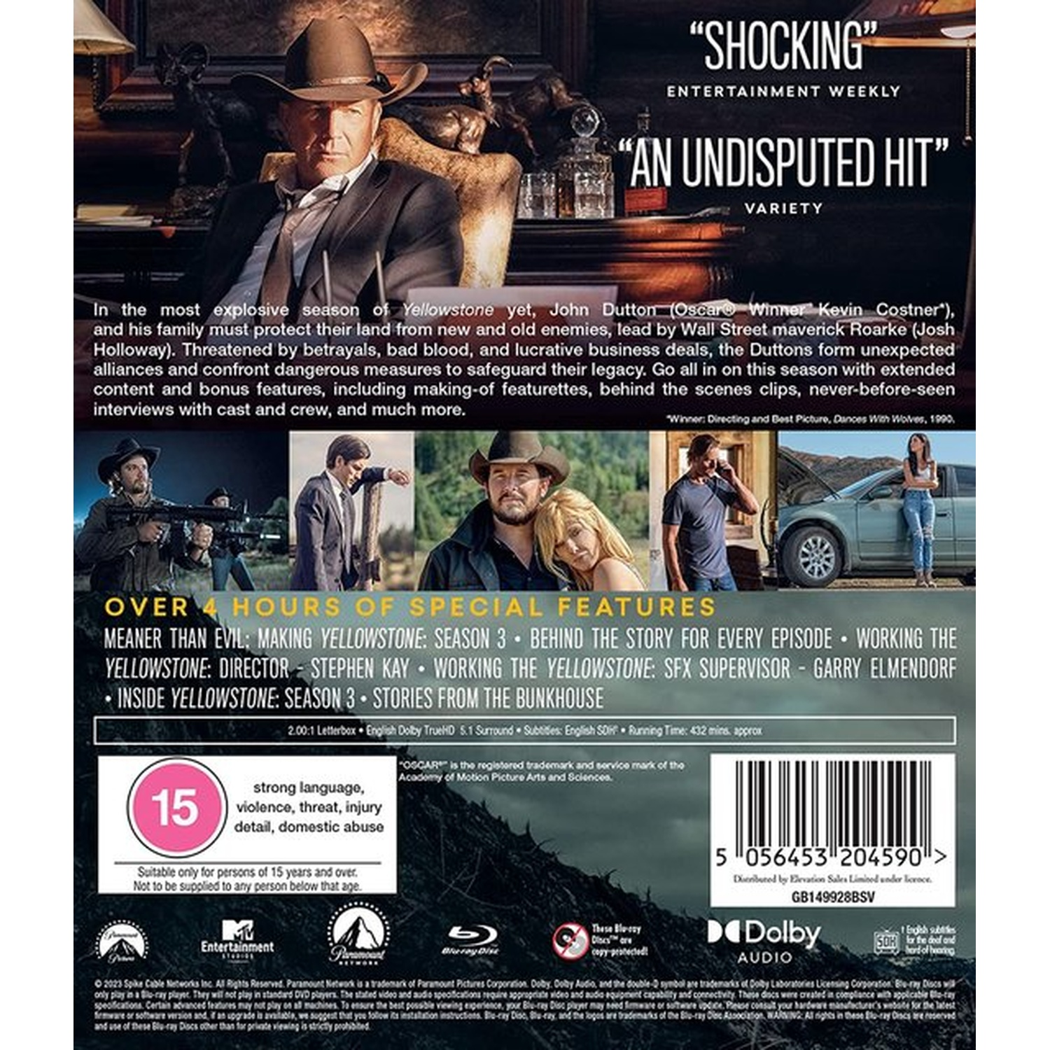 DVD cover. John Dutton in a cowboy hat. Text: Yellowstone, An Undisputed Hit. Special features and age rating.