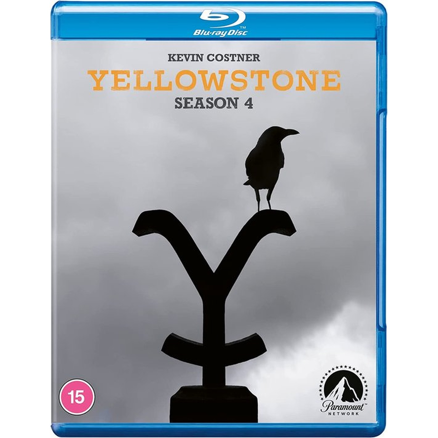 Blu-ray cover for Yellowstone Season 4. Features a black bird on a Y-shaped structure, set against a grey sky.