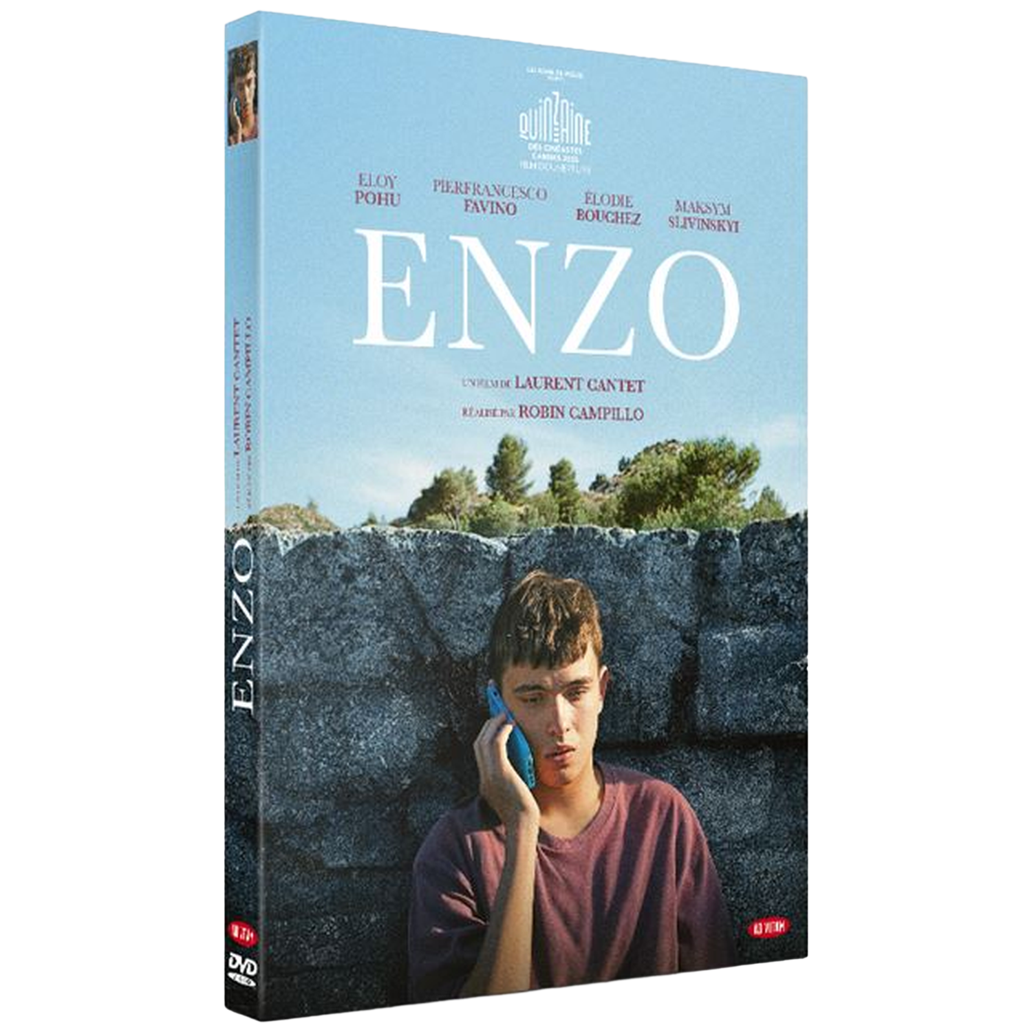 DVD-hoes voor 'Enzo'. Een jonge man telefoneert. De titel staat in grote witte letters. Namen van acteurs worden vermeld.