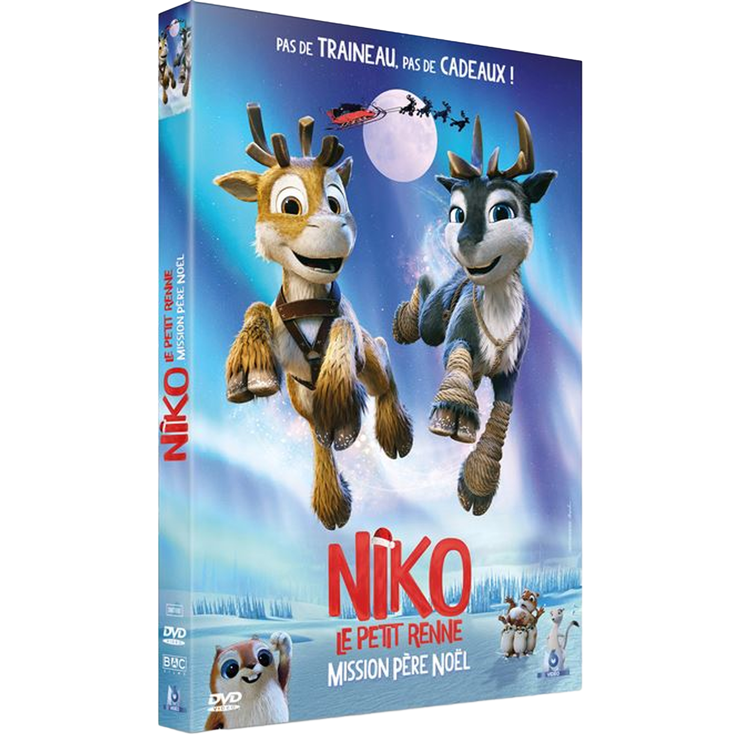 Couverture de DVD. Deux rennes de dessins animés, avec un fond enneigé. Le texte comprend 'Niko' et 'Le Petit Renne Mission Père Noël'.