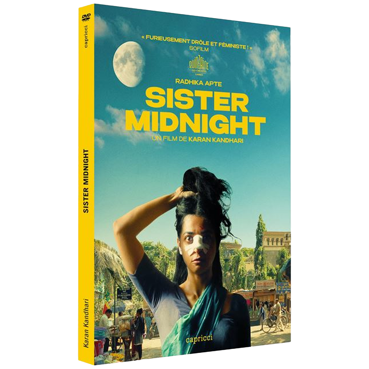 DVD-hoes voor 'Sister Midnight'. Een vrouw met een pleister op haar neus kijkt naar voren. De lucht is blauw met een grote maan.