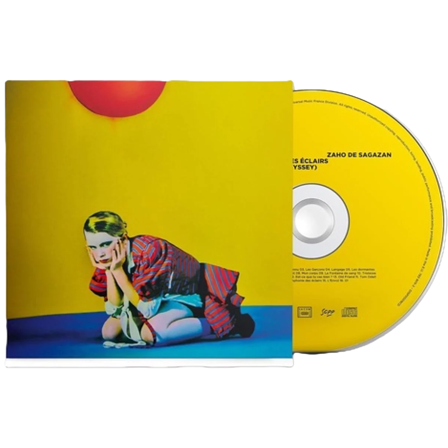 CD-hoes. Een persoon knielt, handen op het gezicht, voor een gele achtergrond met een rode cirkel. Een CD staat rechts.