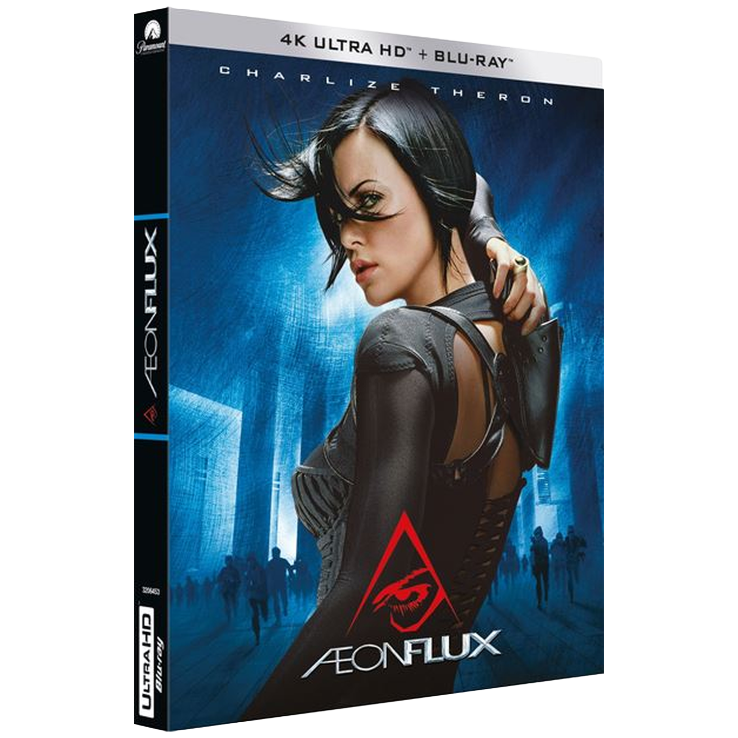 Couverture Blu-ray d'Aeon Flux. Charlize Theron est présente. Le fond montre des personnages marchant. La couverture a un logo triangulaire rouge.
