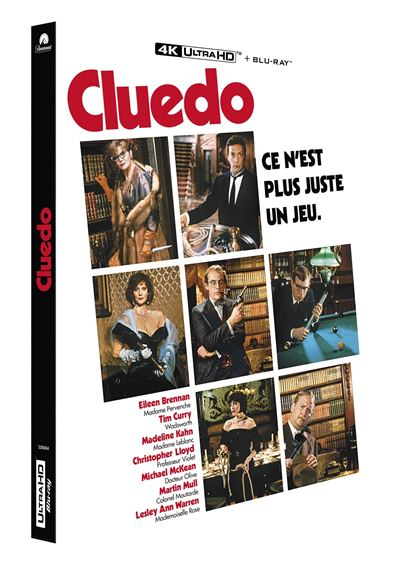 Couverture du film Cluedo. Comprend des images du casting, titre et slogan. Texte inclut les détails du casting et 4K Ultra HD Blu-ray. Mystère.
