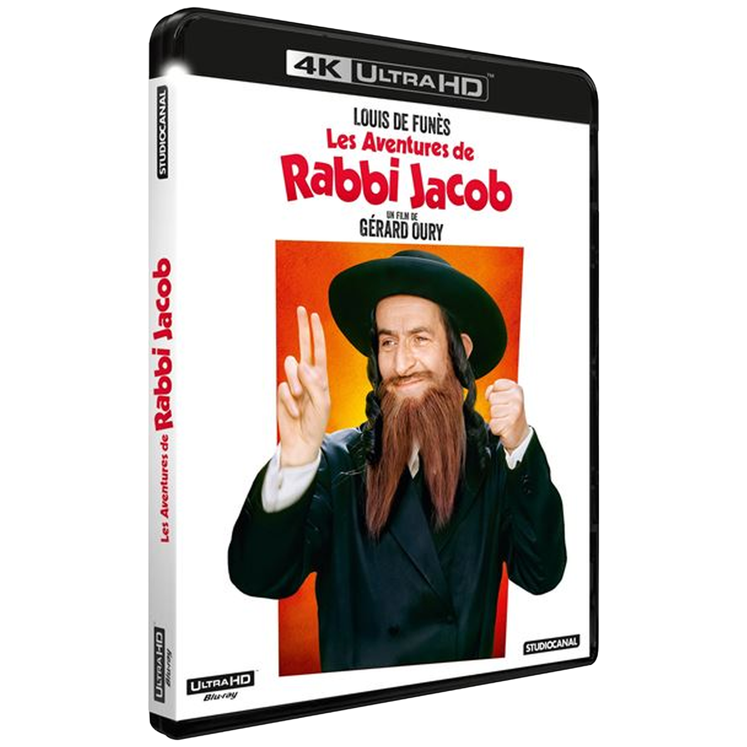 Boîtier DVD de 'Rabbi Jacob'. Avec Louis de Funès en Rabbi Jacob, gesticulant avec deux doigts, portant chapeau et barbe.