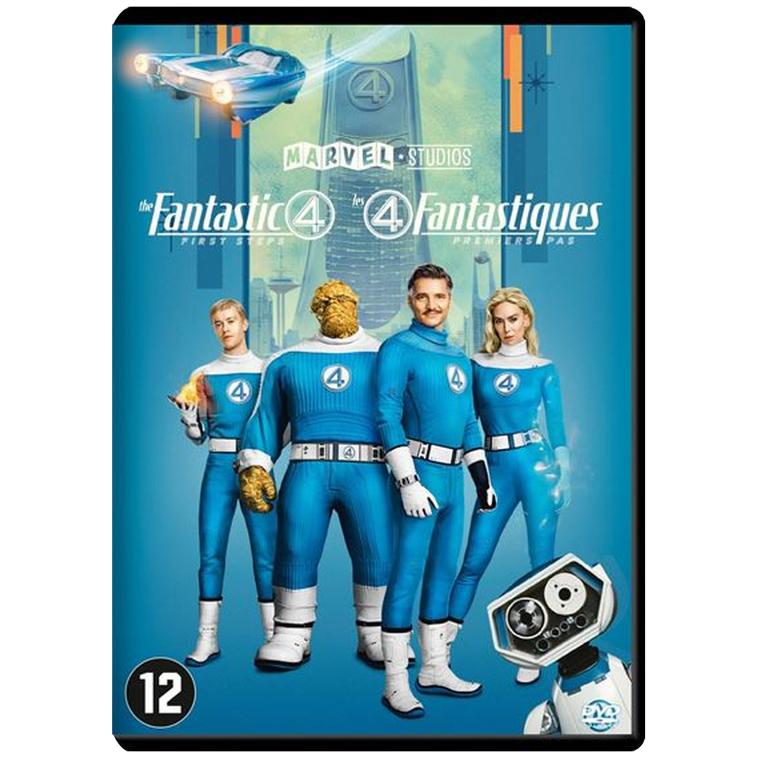 DVD-hoes van Fantastic 4. Vier helden in blauwe pakken, een vliegende auto en een robot. The Thing heeft een rotsachtig gezicht.
