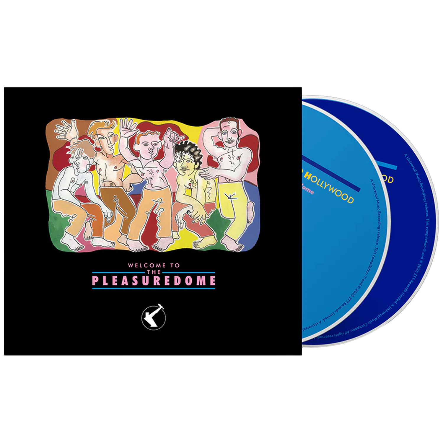 Pochette d'album : Hommes en vêtements colorés, fond noir, CD bleu. Texte : Welcome to the Pleasuredome.