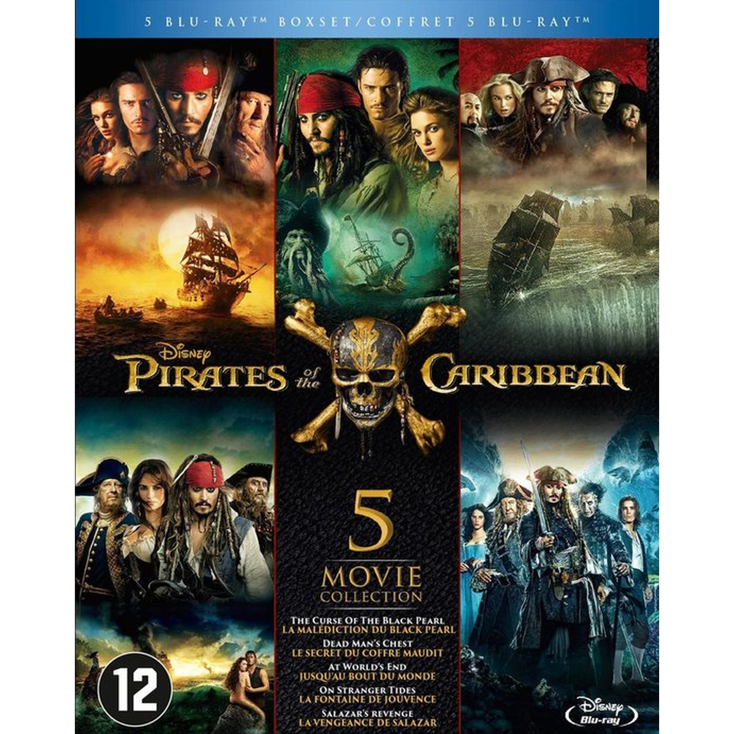 Couverture du coffret 5 films Pirates des Caraïbes. Avec Jack Sparrow, navires, crâne et personnages.