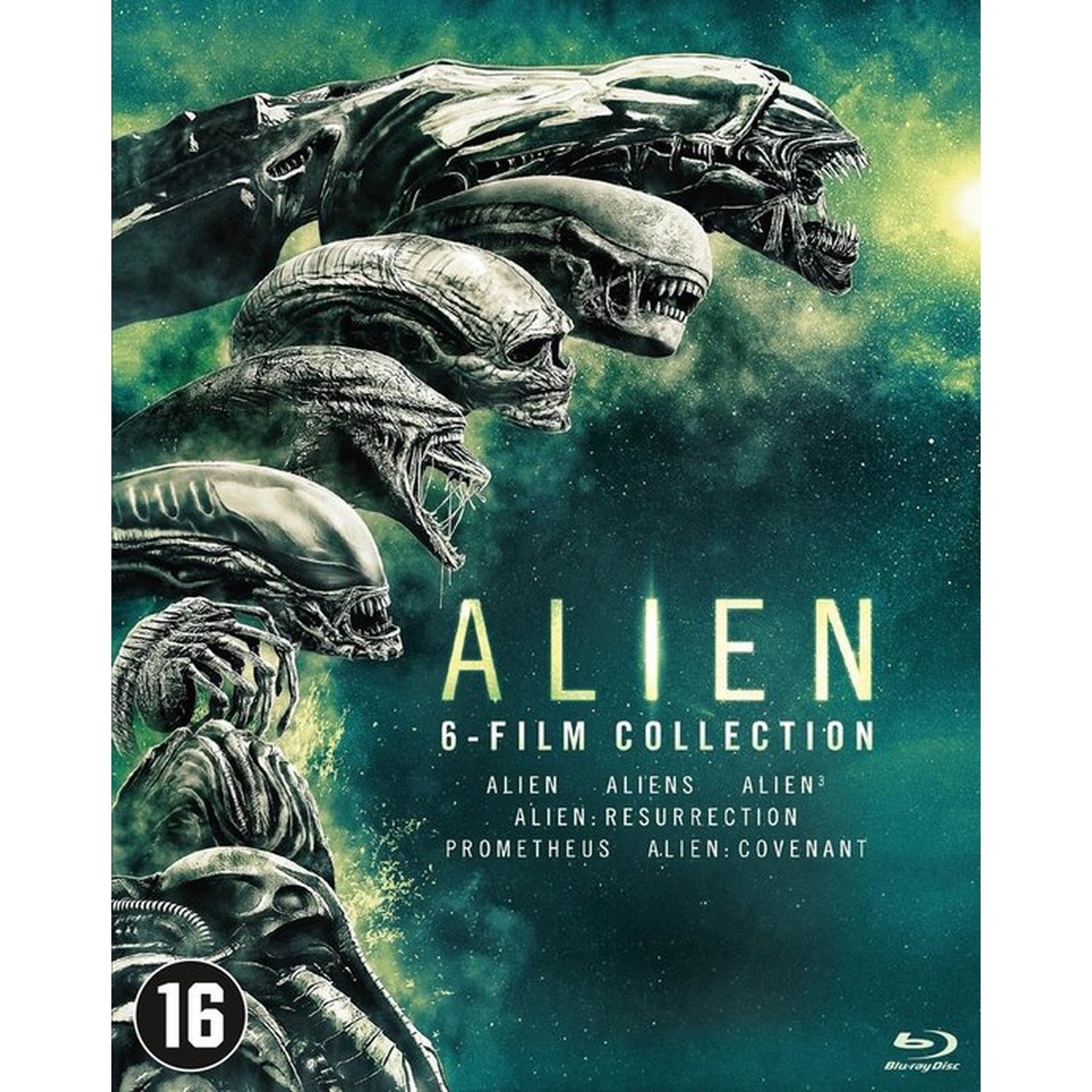 DVD-hoes voor de Alien 6-filmcollectie. Toont alienkoppen, groene achtergrond. Bevat titels: Alien, Aliens, Alien 3, Resurrection, Prometheus, Covenant.