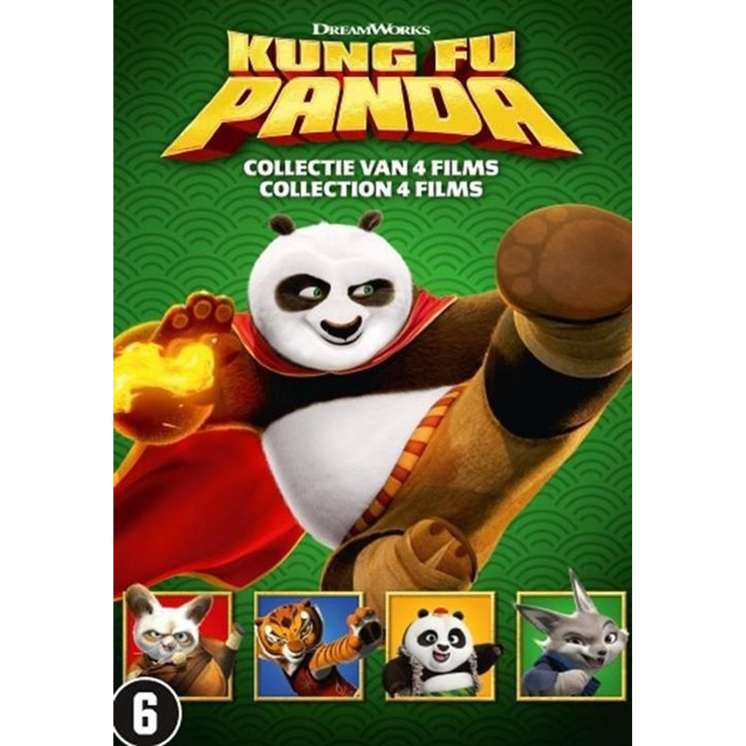 Couverture du DVD de Kung Fu Panda. Panda en cape rouge, tenant du feu. Autres personnages dans des cases en bas. Fond vert avec logo.