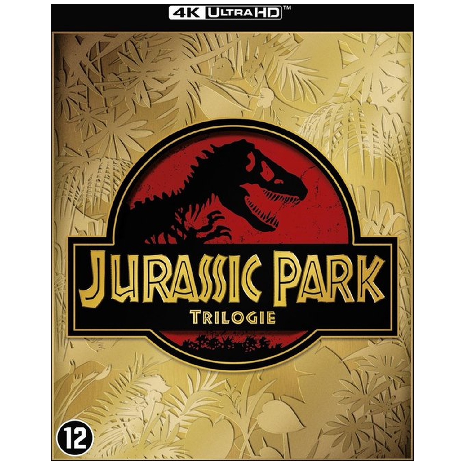 Jurassic Park trilogy Blu-ray cover. A gold background with leaves. The logo features a T-Rex on a red circle, black frame.