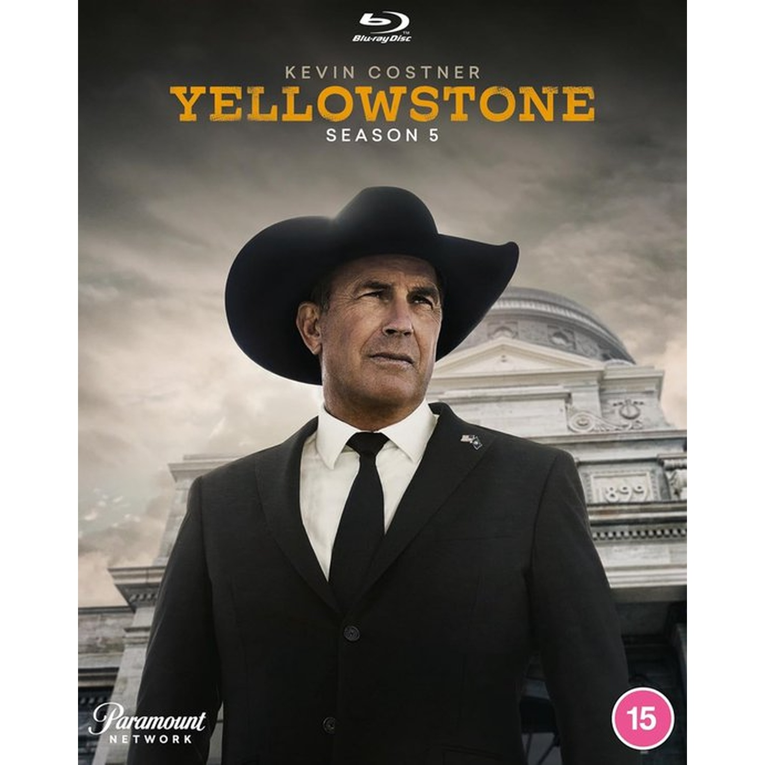 Kevin Costner in a cowboy hat and black suit. The title "Yellowstone Season 5" is displayed above him. Paramount Network logo.
