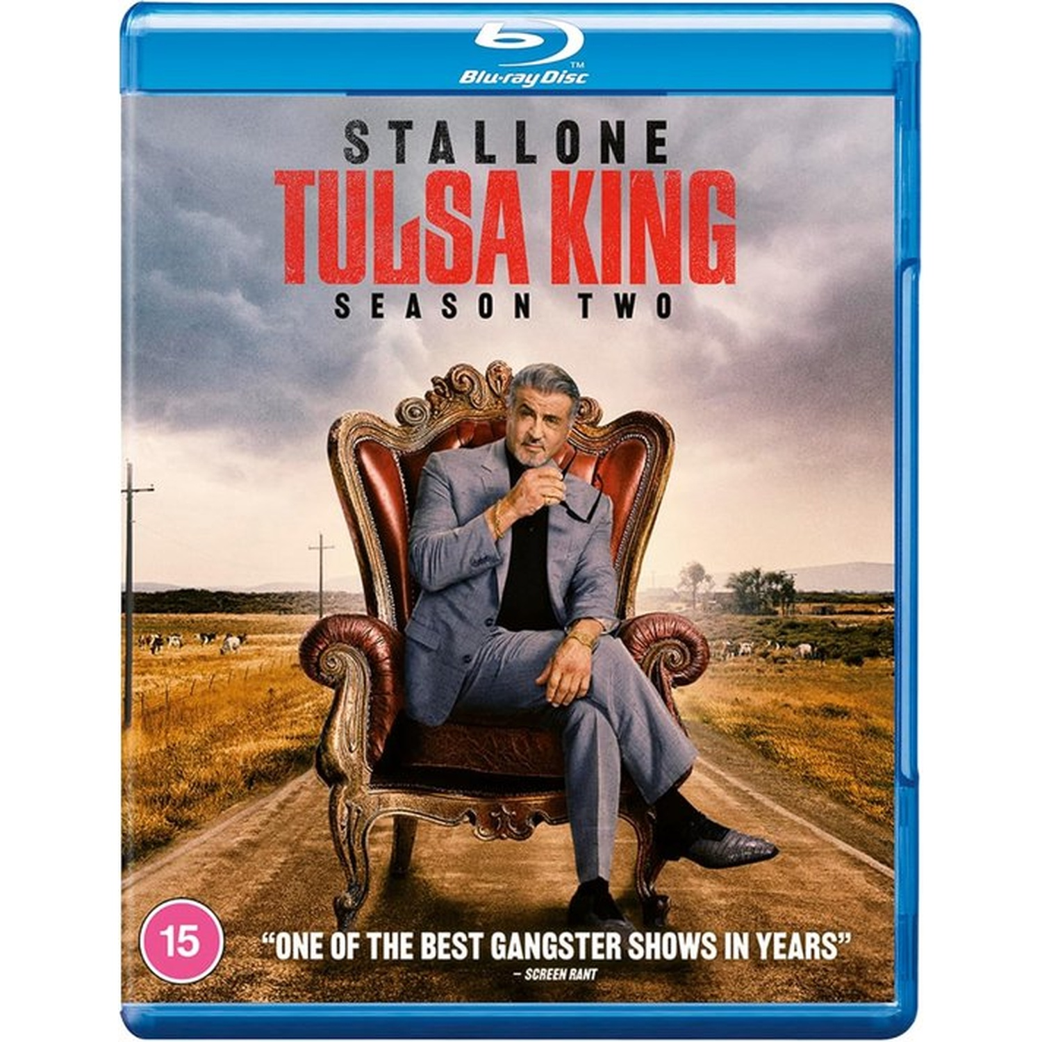 Blu-ray cover for Tulsa King Season Two. Stallone sits in a chair. Text: 'ONE OF THE BEST GANGSTER SHOWS IN YEARS'.
