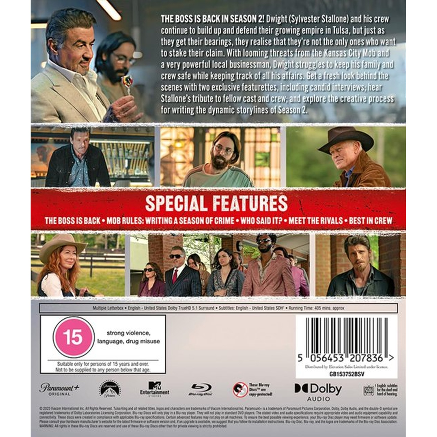 DVD cover. Sylvester Stallone in a suit. Text: The Boss Is Back. Special Features. Age rating 15.